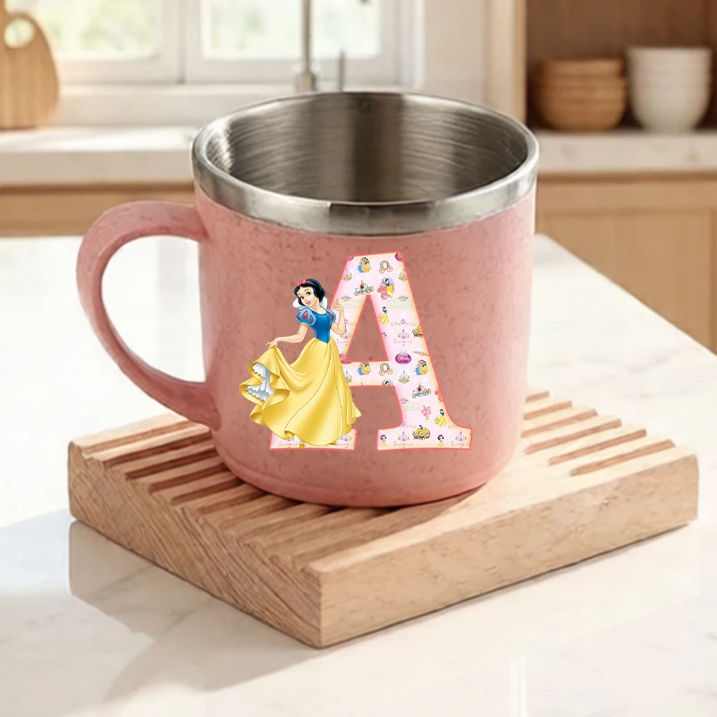

Snow White Pink Stainless Steel Water Bottles Handle Kids Girls Letters Disney Movie Cartoons Woman Cute Tumbler Toothbrush Cups