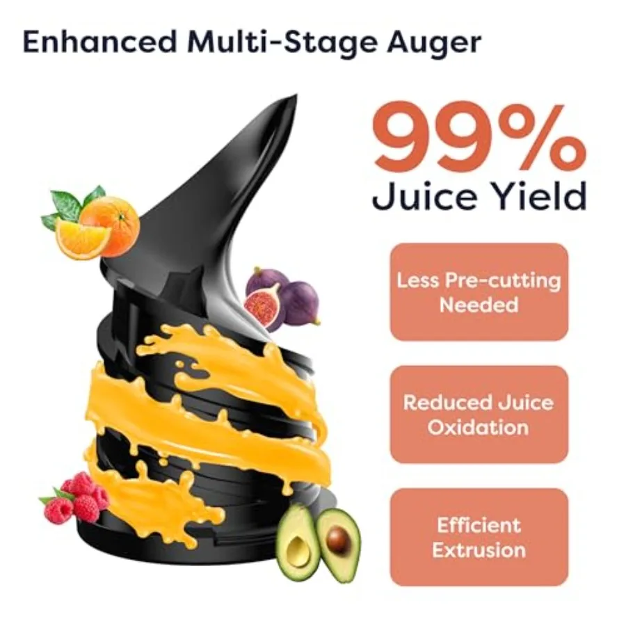 4.3インチの大型投入口と静音モーターを備えたコールドプレスジューサーで、効率的なジュース抽出が可能。406オンスのBPAフリーデザインで90％のジュースを抽出します。