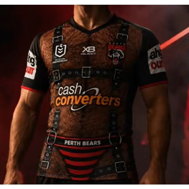 Y2K Men's Funny Perth Bears Rugby Jersey Skin Texture Print Short Sleeve New V‑Neck Sport Mesh Oversized Loose Streetwear Tops