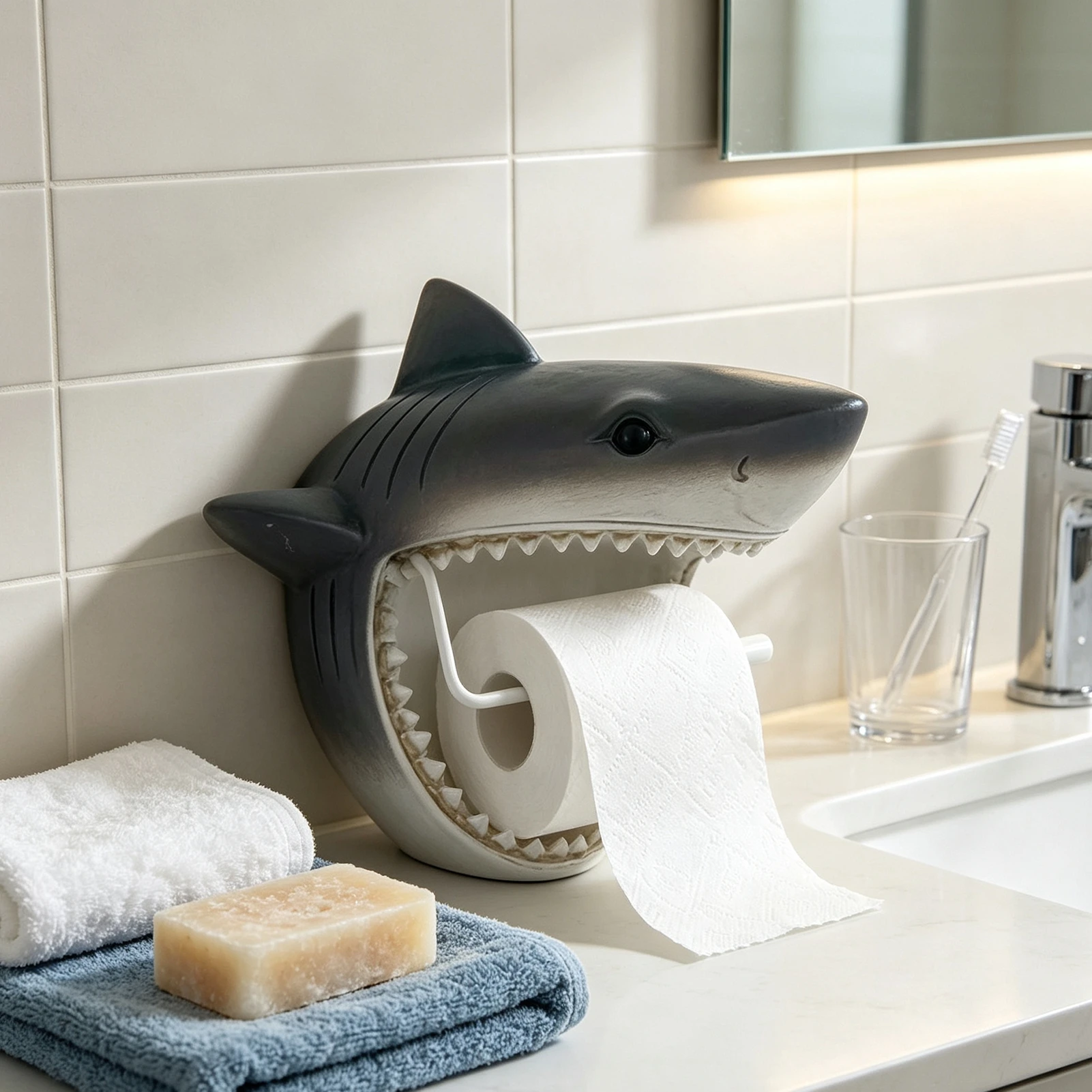 Toilet Paper Holder Rustproof Wall Mount Organizer for Bathroom Marine Theme Shark Design Jumbo Roll Storage Space Saving