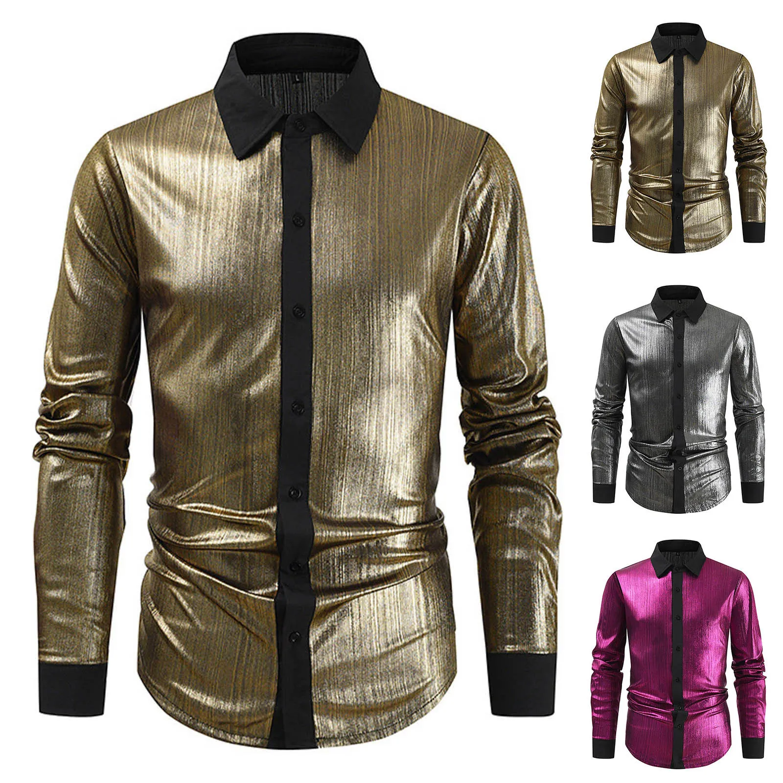 Shinny Sequined Shirts Men Split Joint Red Gold Silver Men's Shirts With Long Sleeves Party Night Club stage Dance Streetwear