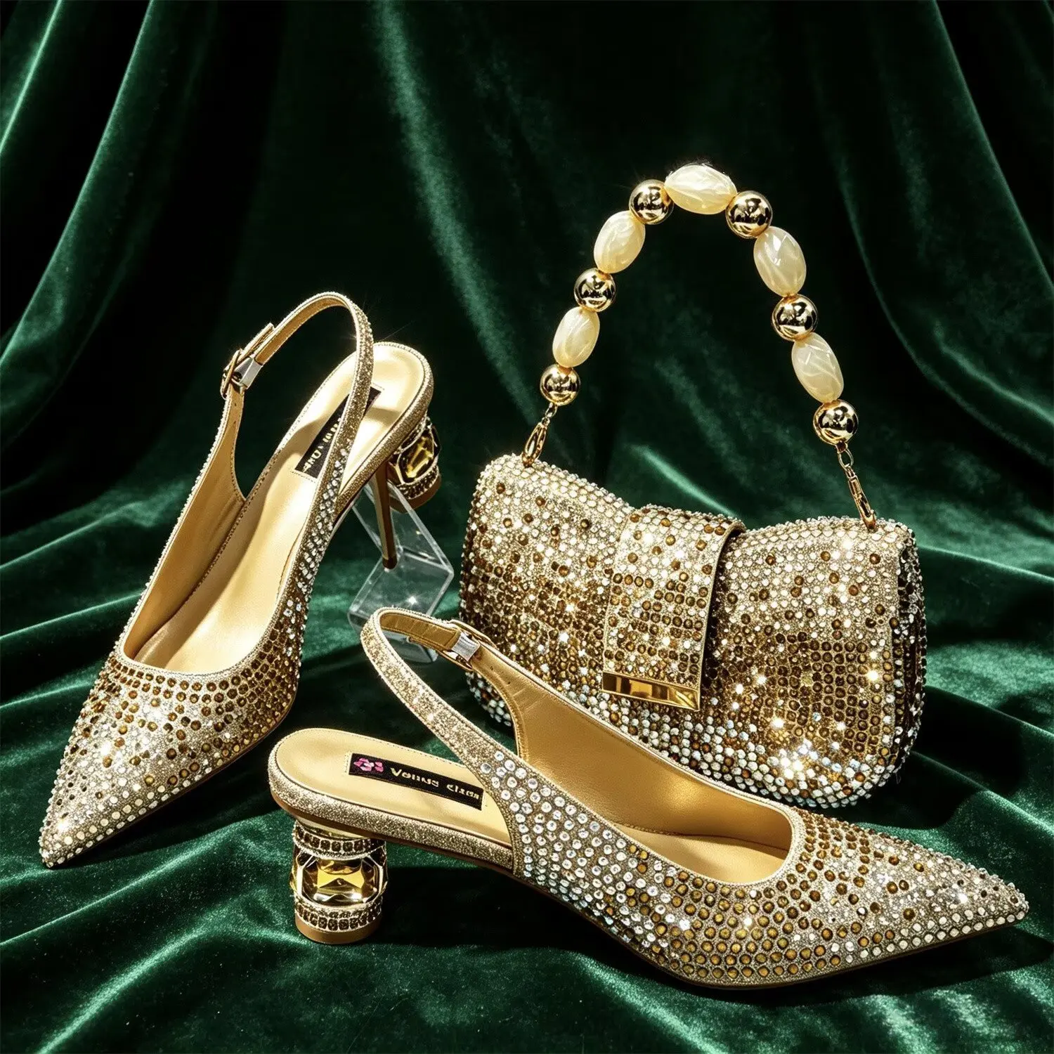 Latest Italian Gold Color Women Shoes And Bag Set African Summer Rhinestone High Heels Shoes And Bag Set For Wedding Party