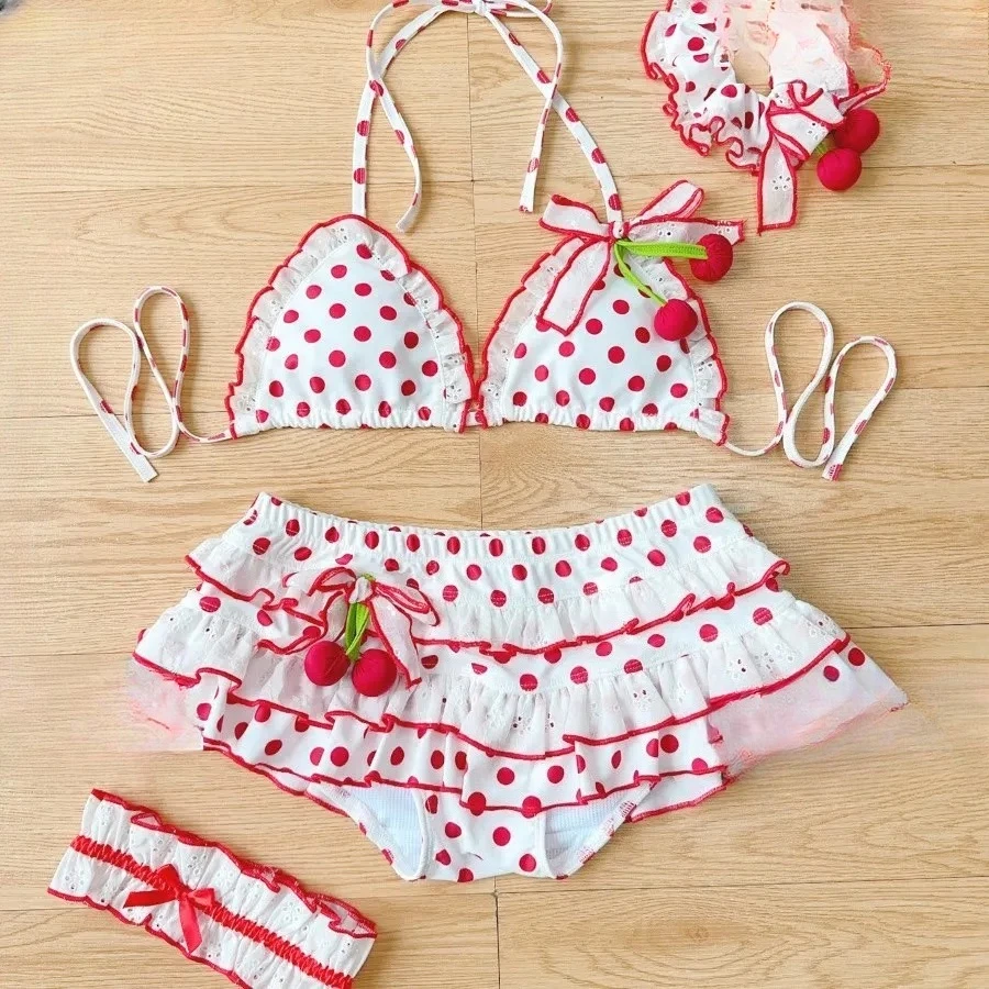 2026 Summer New Arrival Bikini Swimsuit Kawaii Sweet Polka Dot Sweet Halter Bikini Vest Short Skirt 2-piece Set Swimwears Women