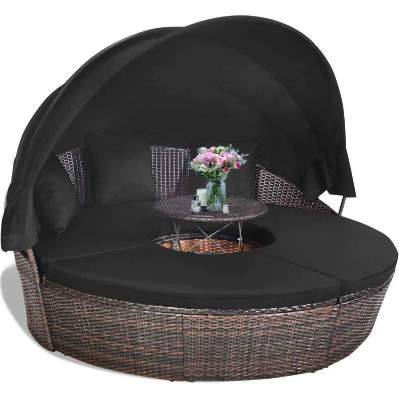 

Patio Round Daybed with Retractable Canopy, Outdoor Wicker Rattan Conversation Set, Cushioned Sofa & Height Adjustable Coffee Ta