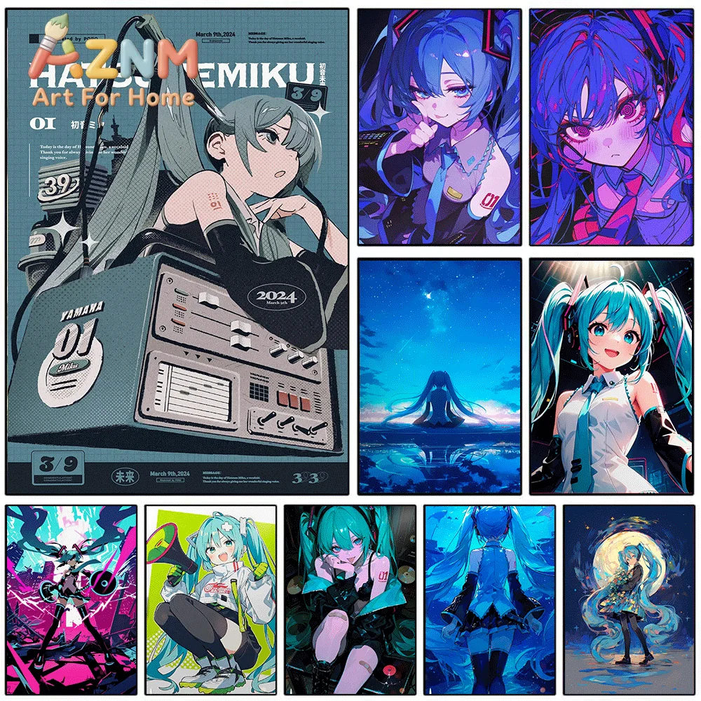 AZNM Hatsune Miku Retro Radio Poster Canvas Painting, Frameless Canvas Wall Art, Virtual Singer Anime Wall Painting for Bedroo
