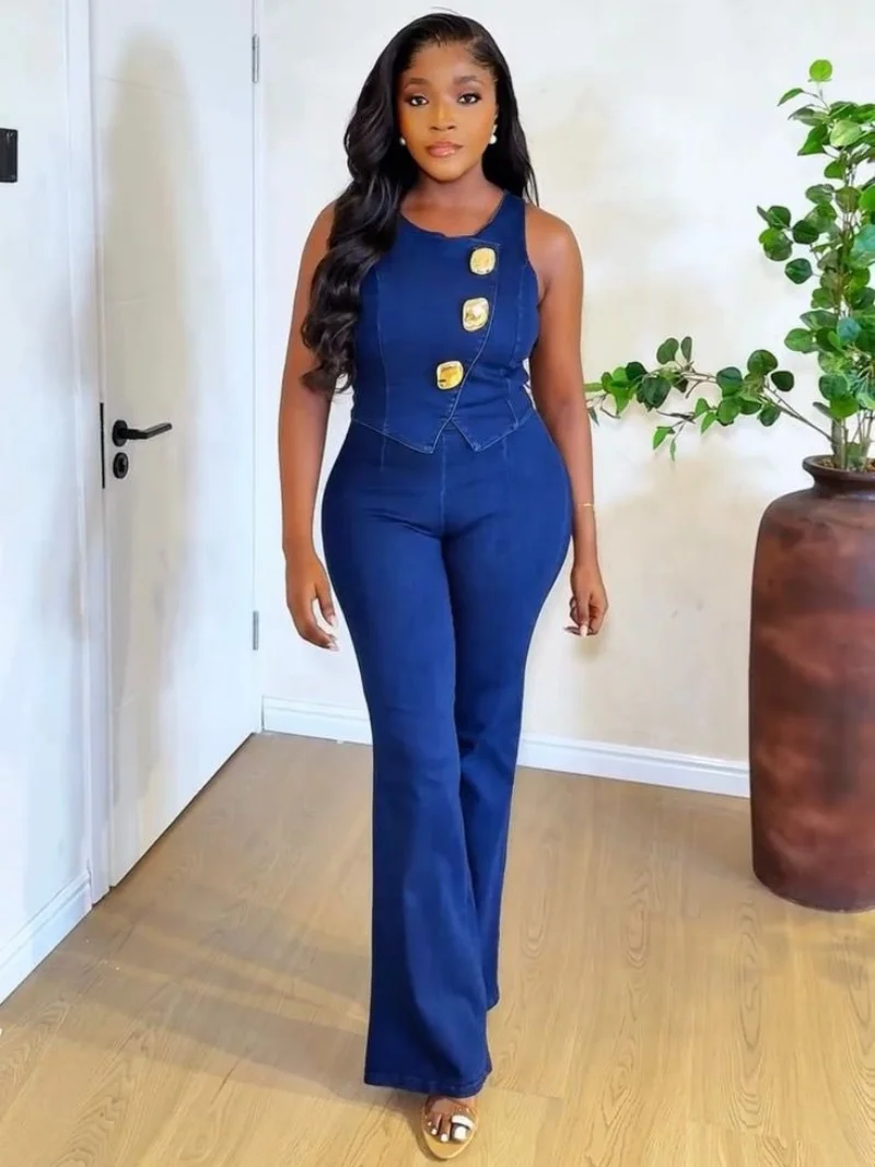 

Уличная одежда Джинсовые комплекты из 2 предметов Женская одежда Летняя одежда Женский жилет без рукавов на пуговицах Топ и джинсы Комплекты брюк Джинсовые спортивные костюмы