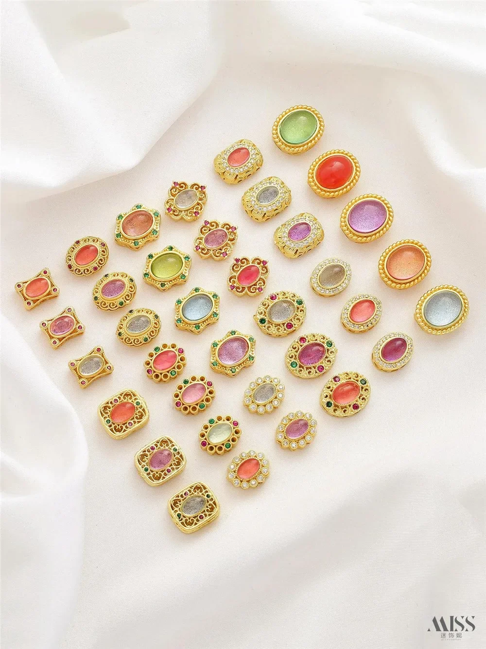 Matte Gold 18K Inlaid Oval Imitation Strawberry Crystal Red Stone Aquamarine Tourmaline Bead Diy Bead Accessories