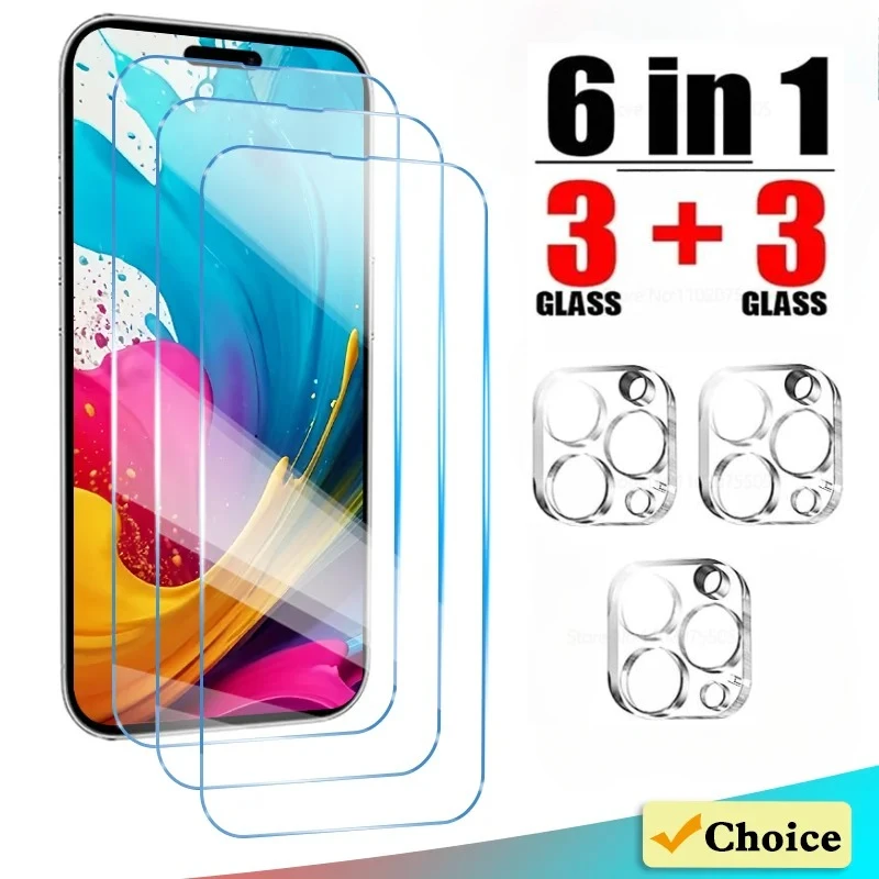 

6in1 9H Protection Glass For iPhone 11 12 13 14 15 16 Pro Max Tempered Screen Protector Film iPhone 12 13 Mini 16 15 Plus Glass