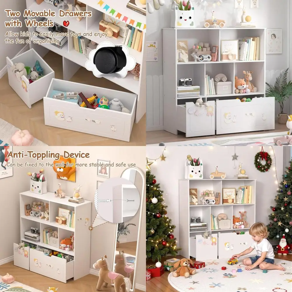 

Kids 5-Cube Storage Organizer with 2 Wheels, 3-Shelf Bookcase for Toys, Playroom, Bedroom, Nursery, and School