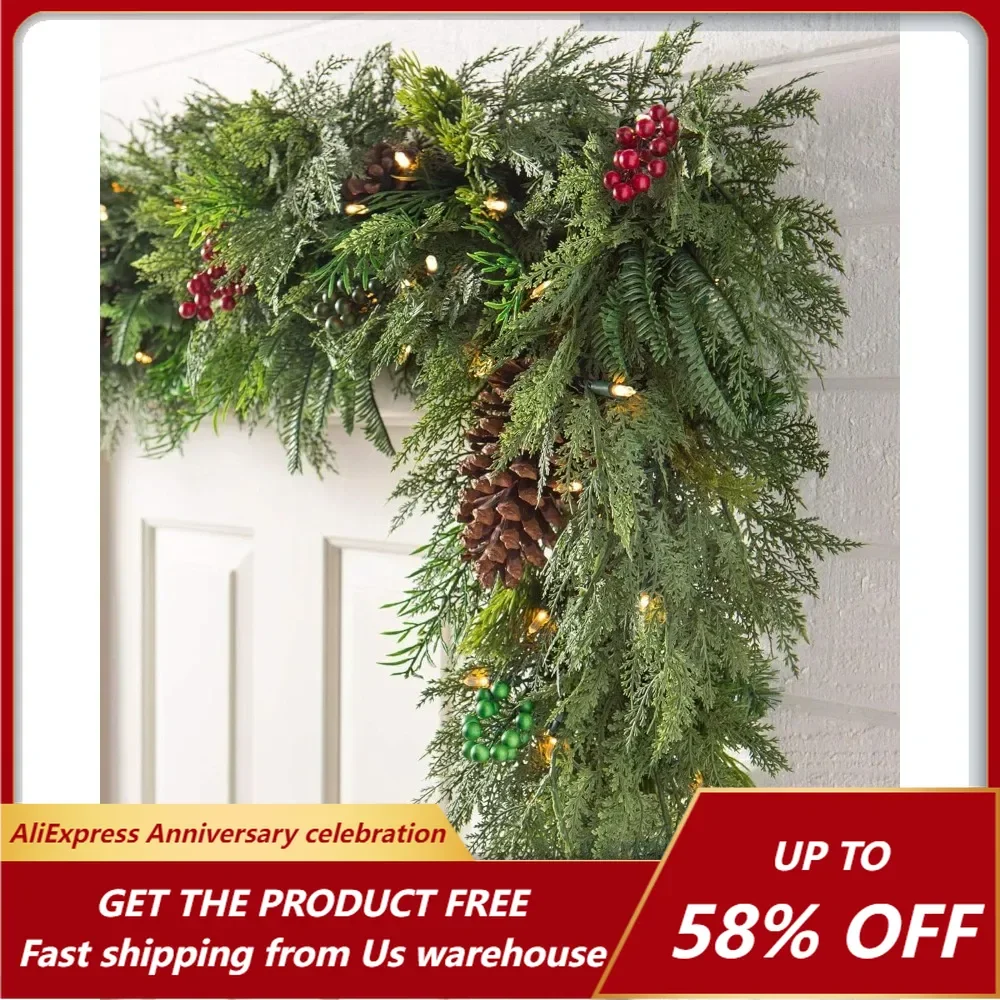 Artificial Christmas Wreath, 10 Feet with LED Transparent Light, Handmade Red and Green Berries, Easy To Store and Assemble