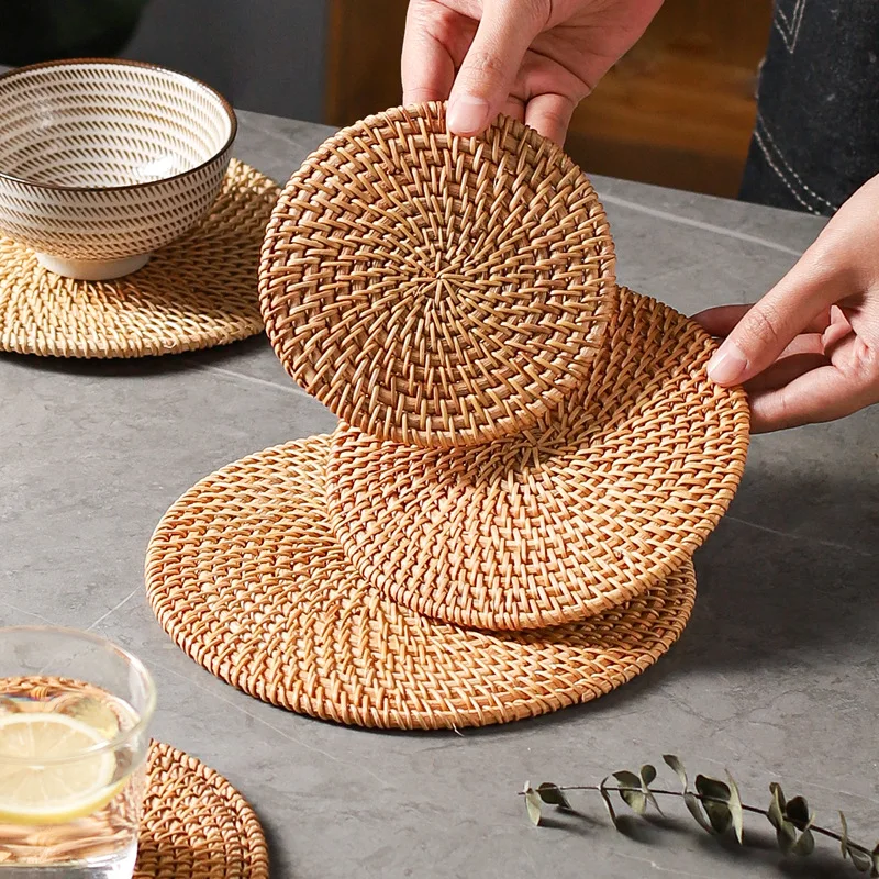 Natural Rattan Woven Teapot Coaster Holder Woven Tea Ceremony Creative Placemat Table Mat Bowl Mat Plate Mat Heat Insulation Mat