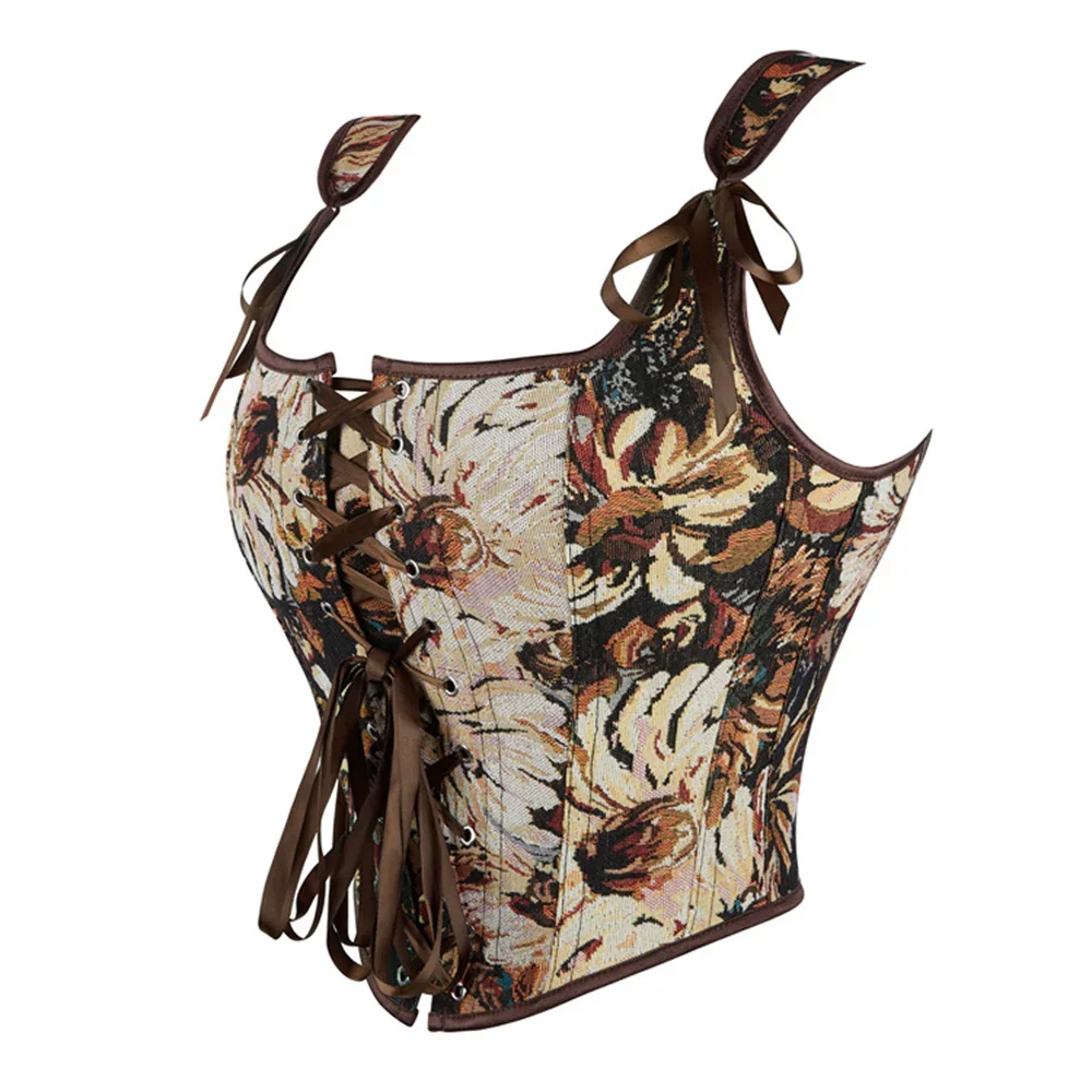 Brown Vintage French Oil Painting Flower Print Corset Crop Tops Gothic Adjustable Shoulder Strap Body Shaper Bustier Vest