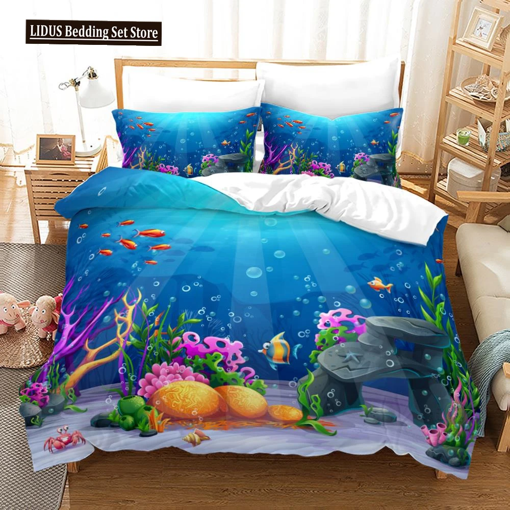 Fish Duvet Cover Set Ocean Bedding Sets 3D Printed Underwater World With Goldfish Coral Reef Polyester Quilt Cover For Kid Adult