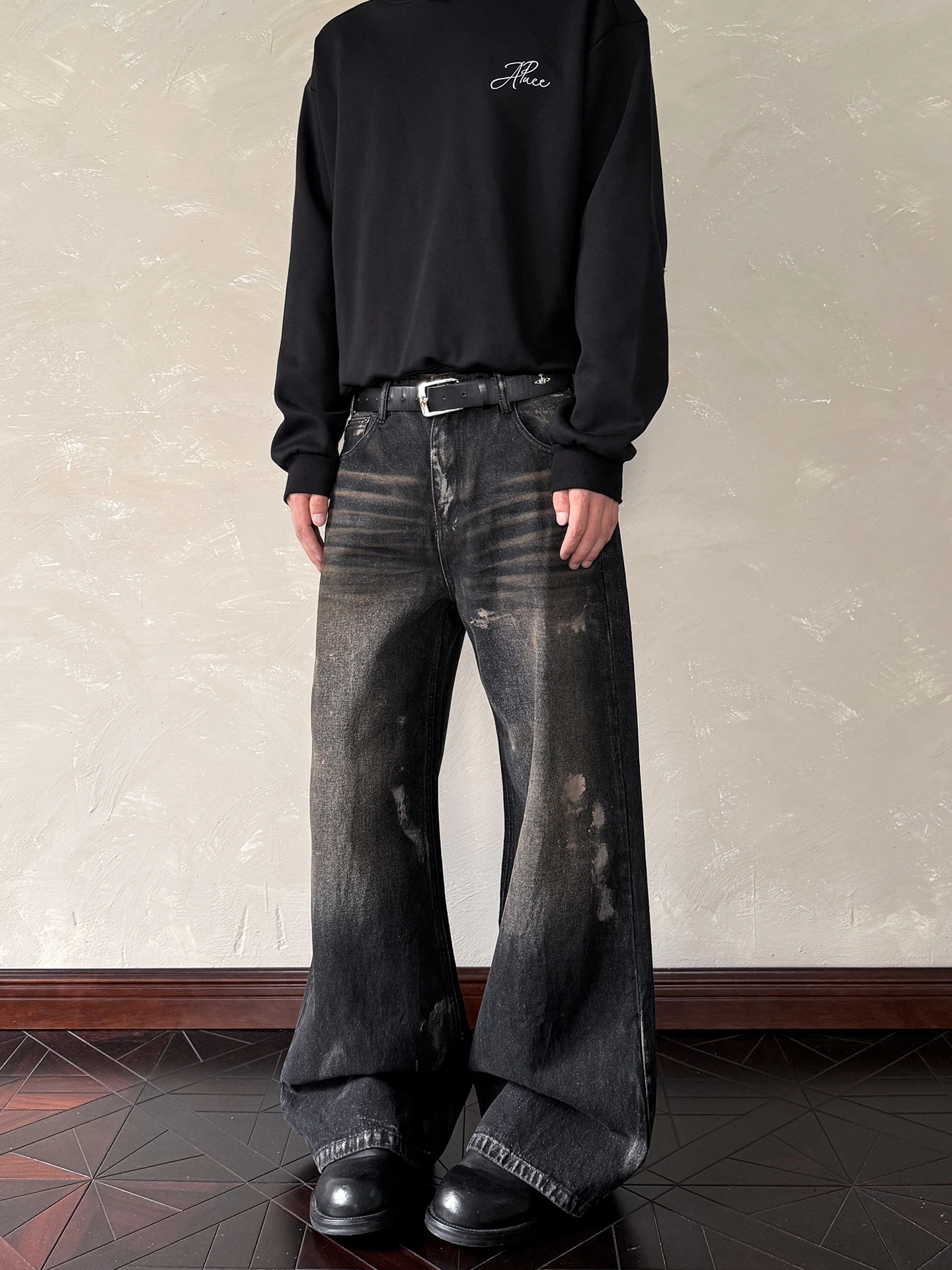 

Джинсы в стиле ретро-американский с эффектом выцветания, прямые, с легким расклешением, утягивающие, длинные брюки для мужчин и женщин