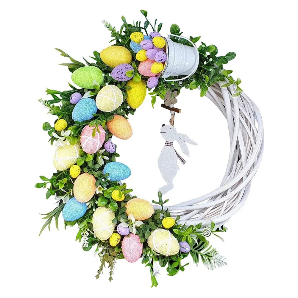 Rattan Imitation Flower Wreath Easter Festival Hanging Decoration Easter Bunny Wreath Home Decor Wreath 40cm Cute Rabbit Wreath