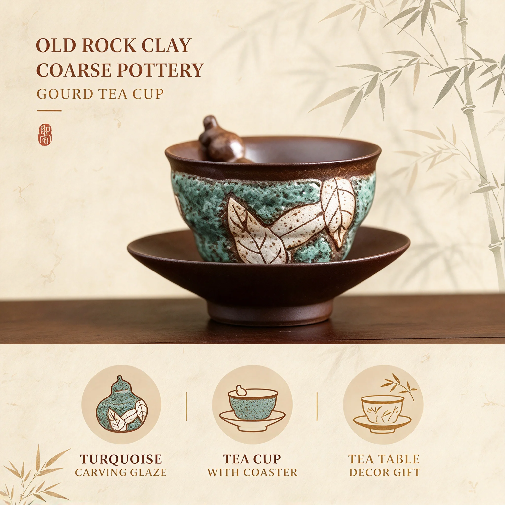 Old Rock Clay Coarse Pottery Gourd Tea Cup Turquoise Carving Handmade Personal Tasting Cup With Coaster Tea Table Decor Gift