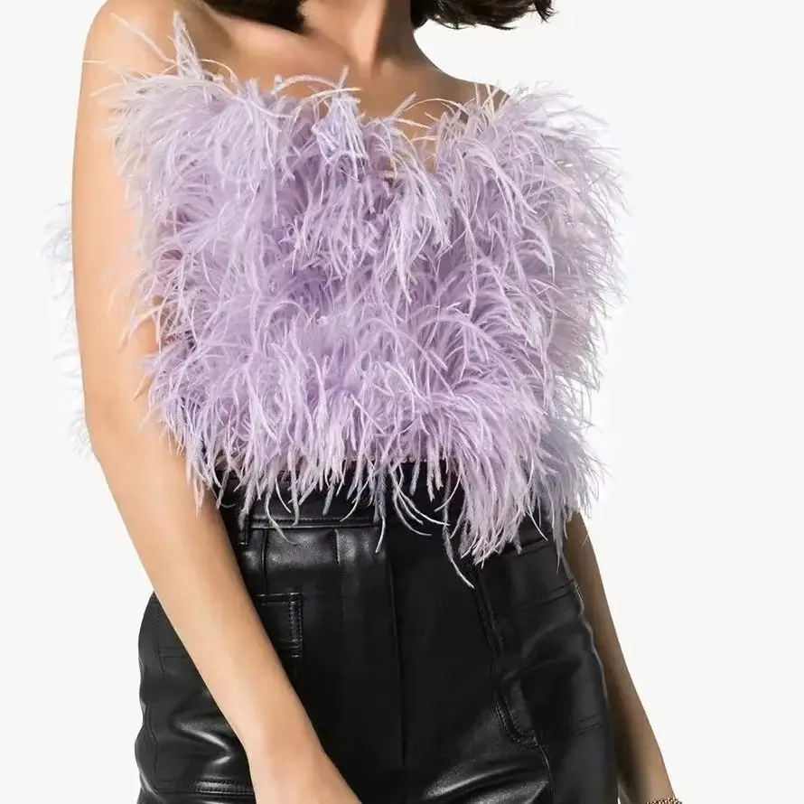 Peach Fuzz Ostrich Feather Tube Top, Luxurious Furry for Party, Wedding, Concert Vest, Sleeveless, Chest Wrap, Strapless 22A0623
