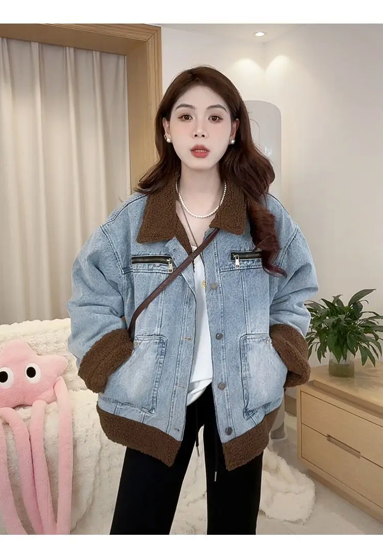 Abrigo vaquero butciones piel felpa mujer invierno algodón acolchado acampanado minimalismo urbano reunión Social cuello alto botón a presión con capucha