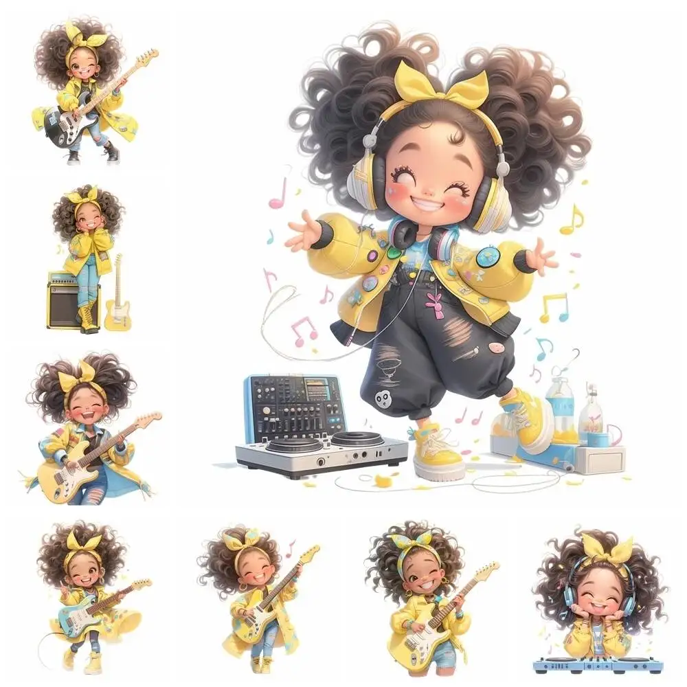 Yellow Guitar Music Girl Heat Transfer Patches For Clothing DIY A-Level Washable T-shirts Iron-on Thermal Stickers