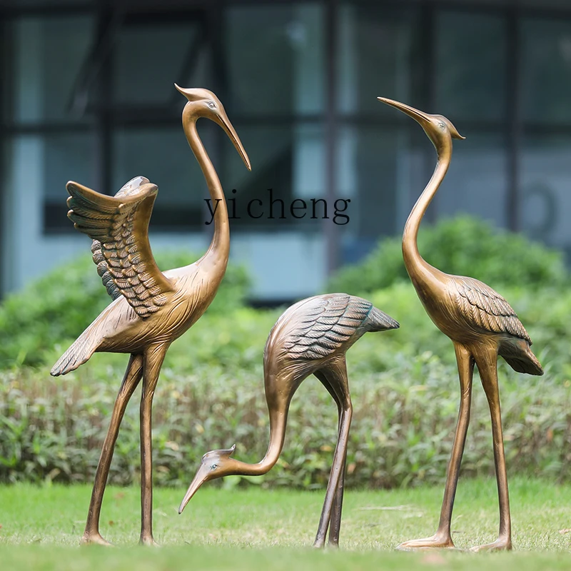 

ZC fiberglass imitation copper crane sculpture outdoor crane ornament courtyard water pond red-crowned crane model decoration