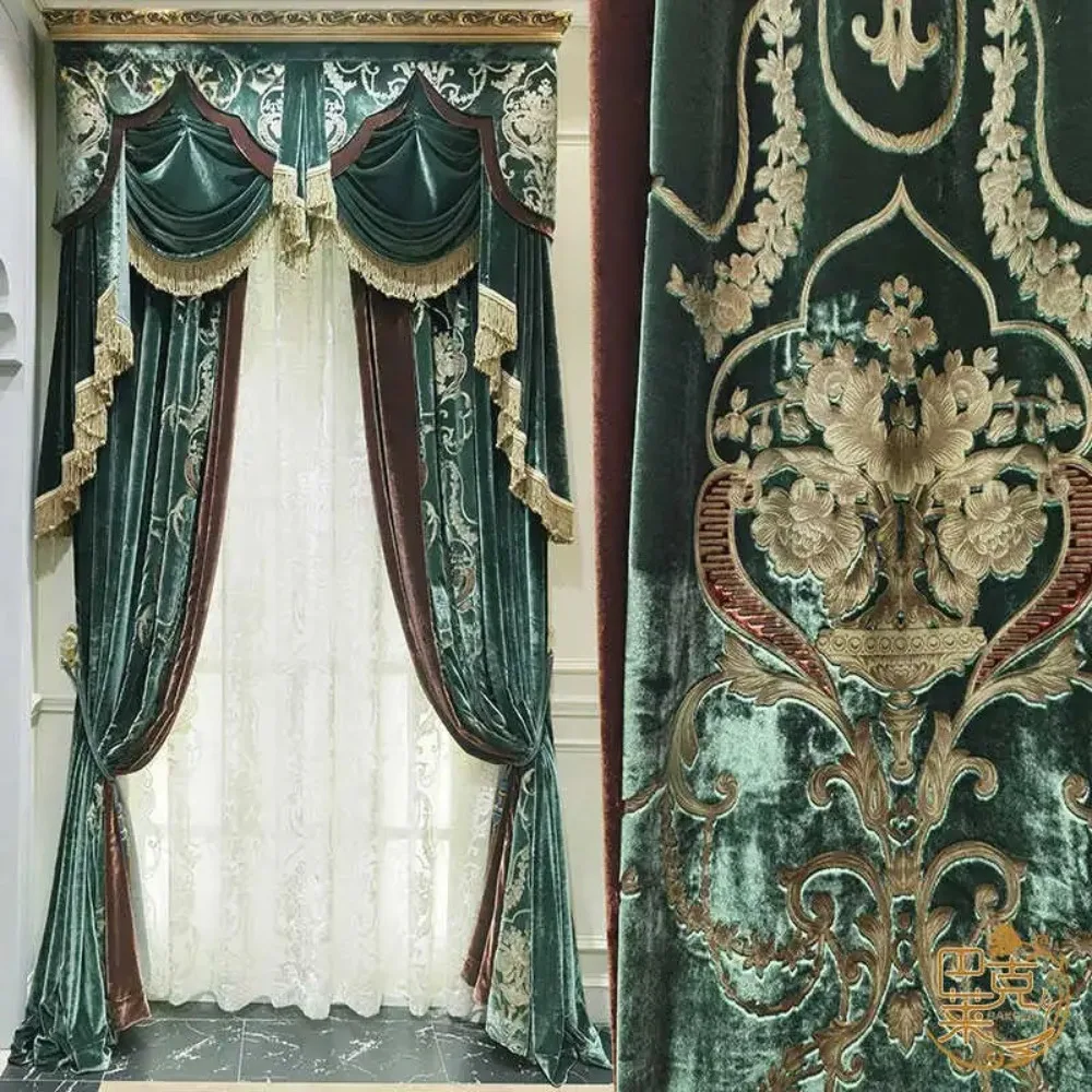 

Customized High-grade Green Embroidery Screen Velvet Splicing Thickened Curtains for Living Room Bedroom French Window Villa