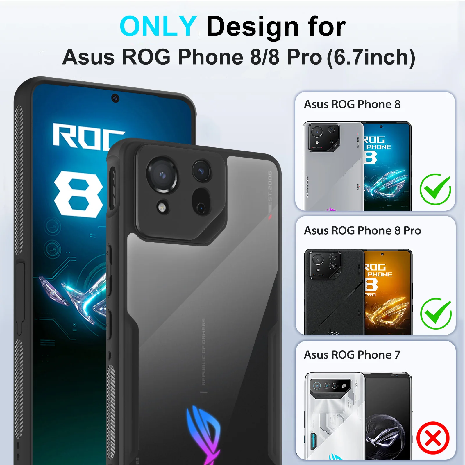 HARUINO TPU Case for Asus ROG Phone 8 Pro Cover, Air Trigger Compatible,  Built in Dust Cover for Cooler Port and Charging Port