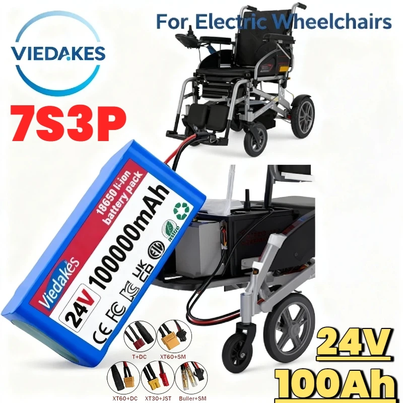 

24V 100Ah 7S3P Li-ion Battery Pack, with BMS & 2A Charger - for Electric Scooter Wheelchair Mobility toy car 18650 Battery✅