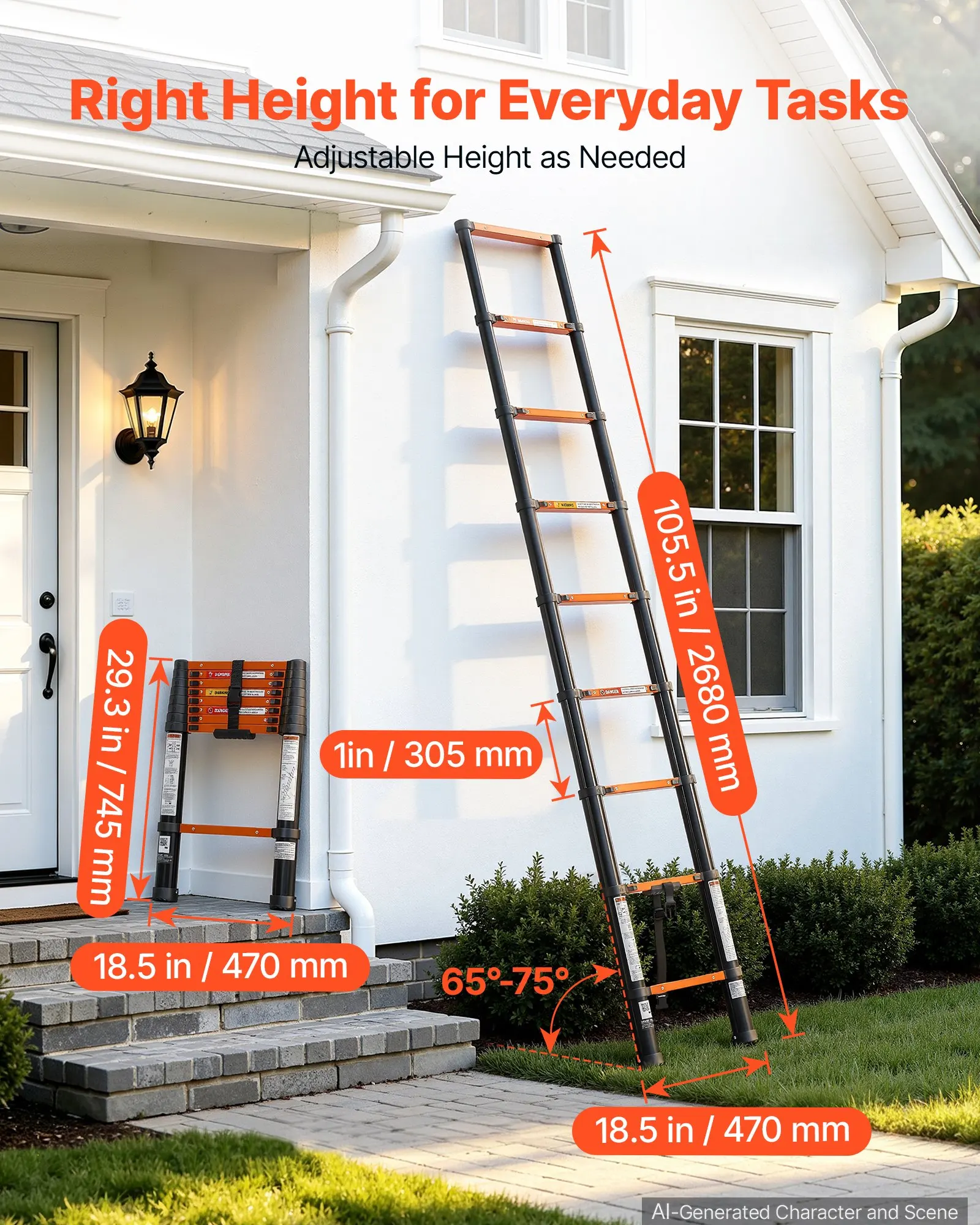 Telescoping Ladder, 8.5 ft Extension Ladder Multi-Button Retraction, Heavy-Duty 330 lbs Capacity, Painting, Window Cleaning and RV, Aluminum, Anti-Slip Steps, Orange & Black, Designed for Home Repairs