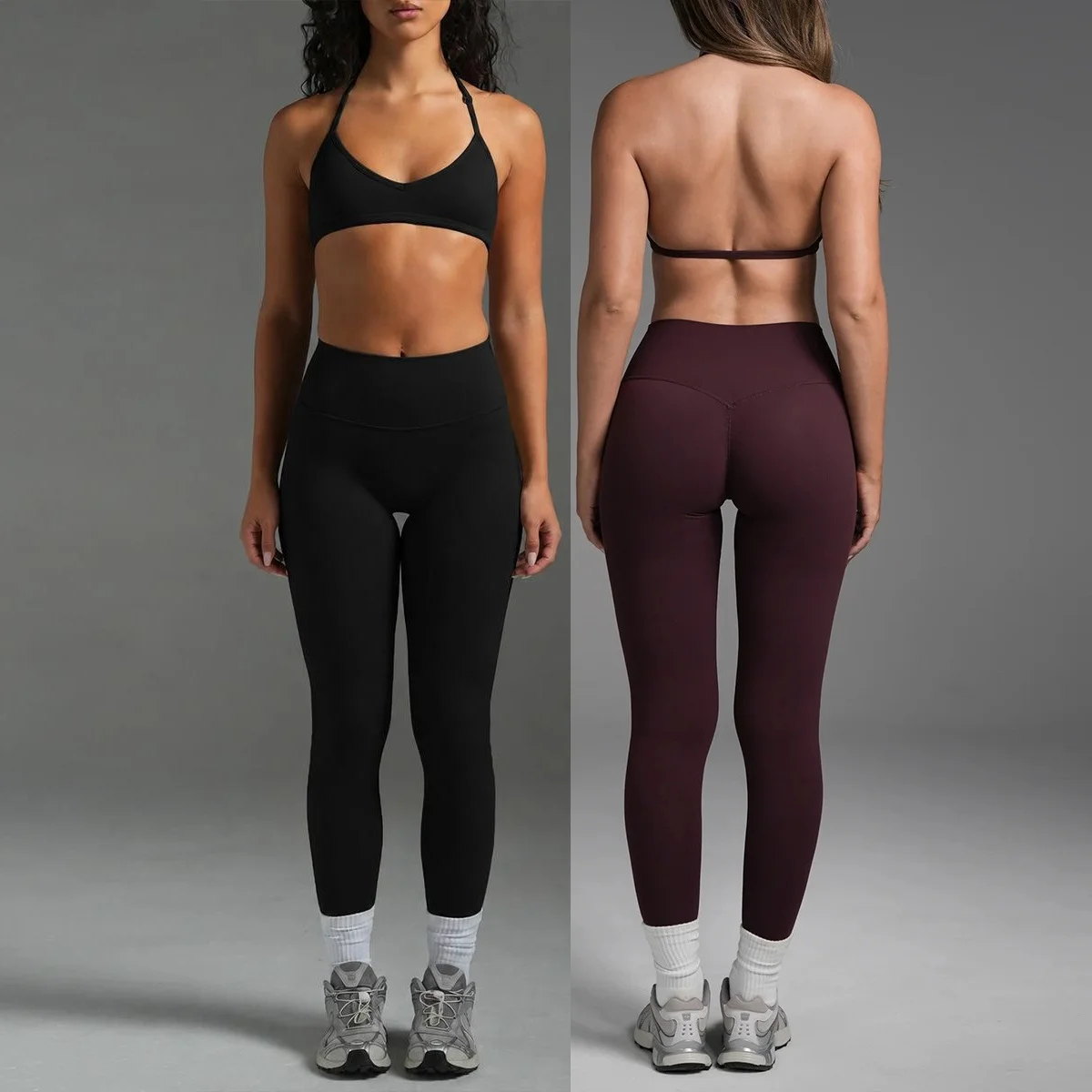 C-B 2026 Women 2 Piece Workout Yoga Set Halter V Neck Sports Bra High Waist Leggings Soft Stretch Gym Fitness Outfit Activewear