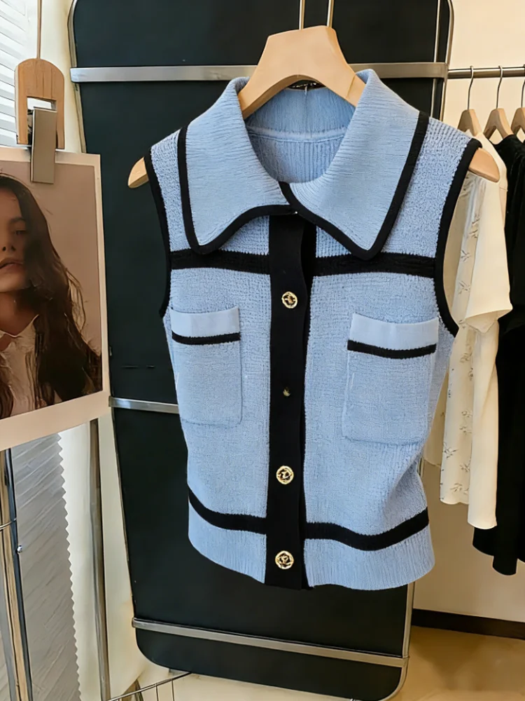 

Blue Knitted Neck Vest Women's Summer New Style Self-Keeping High-End Feeling Outerwear Top Quality Korean Style Slim Fit