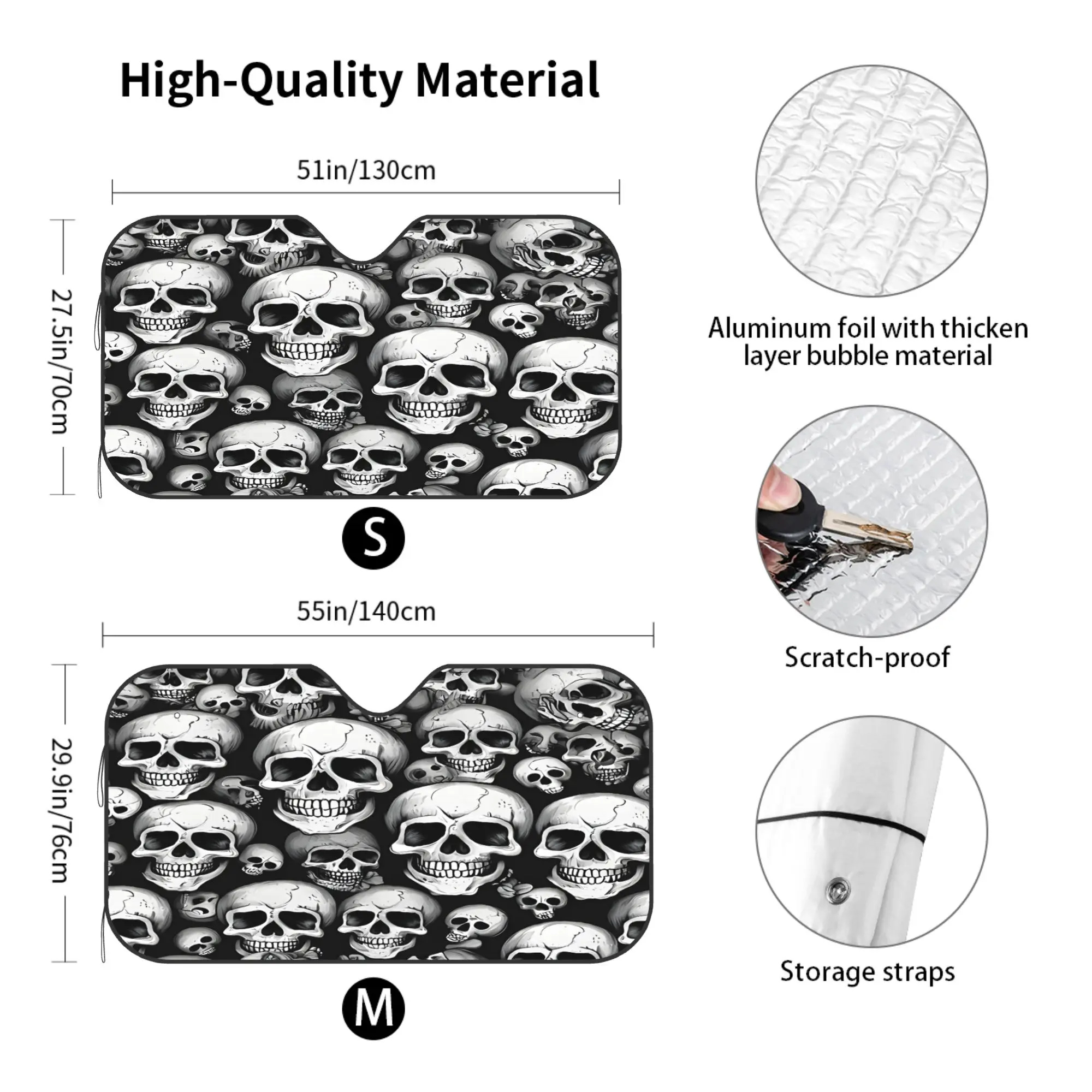 Skull Print Car Windshield Sun Shade, Heat Insulator Aluminum Foil Sun Visor, UV Protector for Cool Interior