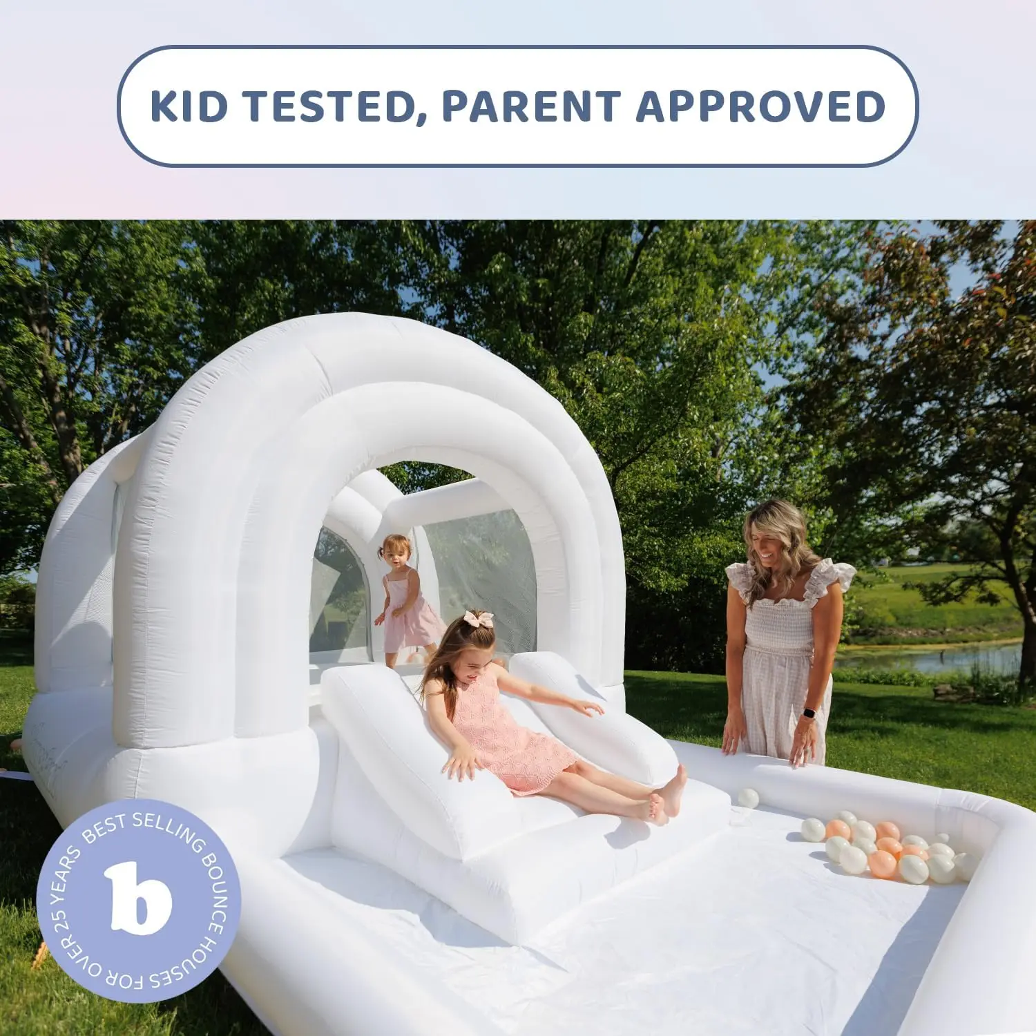 White Bounce House with Slide,Blower Included, Bouncy House with Basketball Hoop, Pastel Plastic Balls, Trendy Bouncer for Kids
