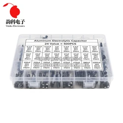 500Pcs/lot 0.1UF-1000UF 24Values 16V-50V Mix Aluminum Electrolytic Capacitor Assorted Kit And Storage Box