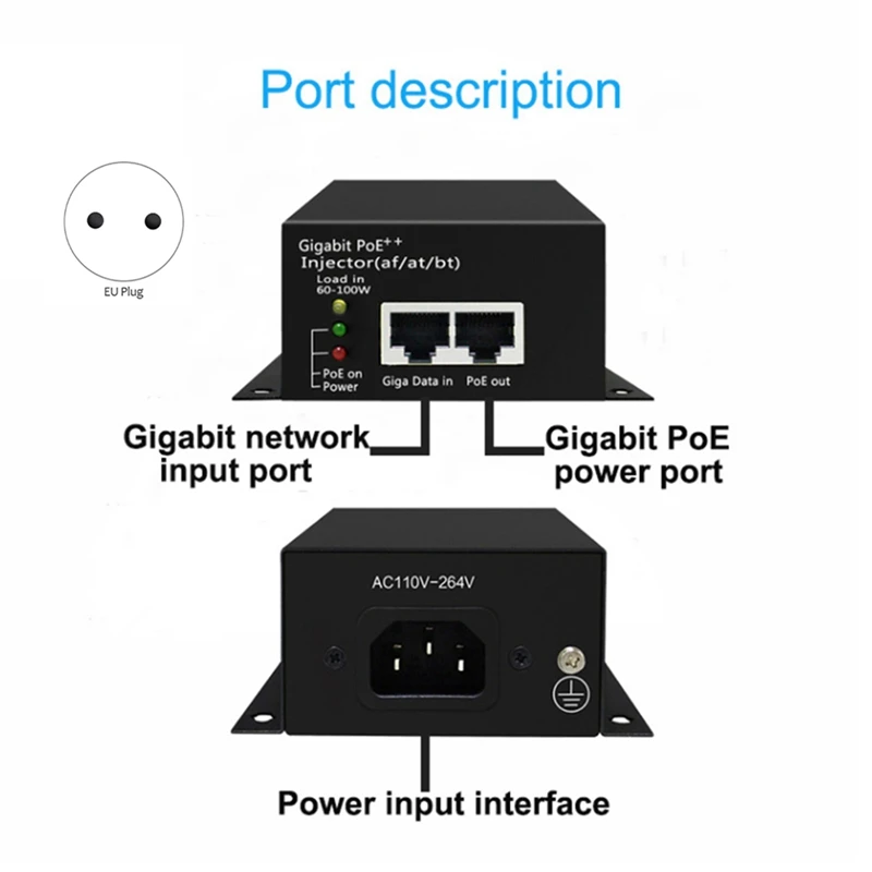 90W Hi-Power Gigabit POE ++ Injector (Af/At/Bt) แหล่งจ่ายไฟ POE สําหรับกล้อง IP AP