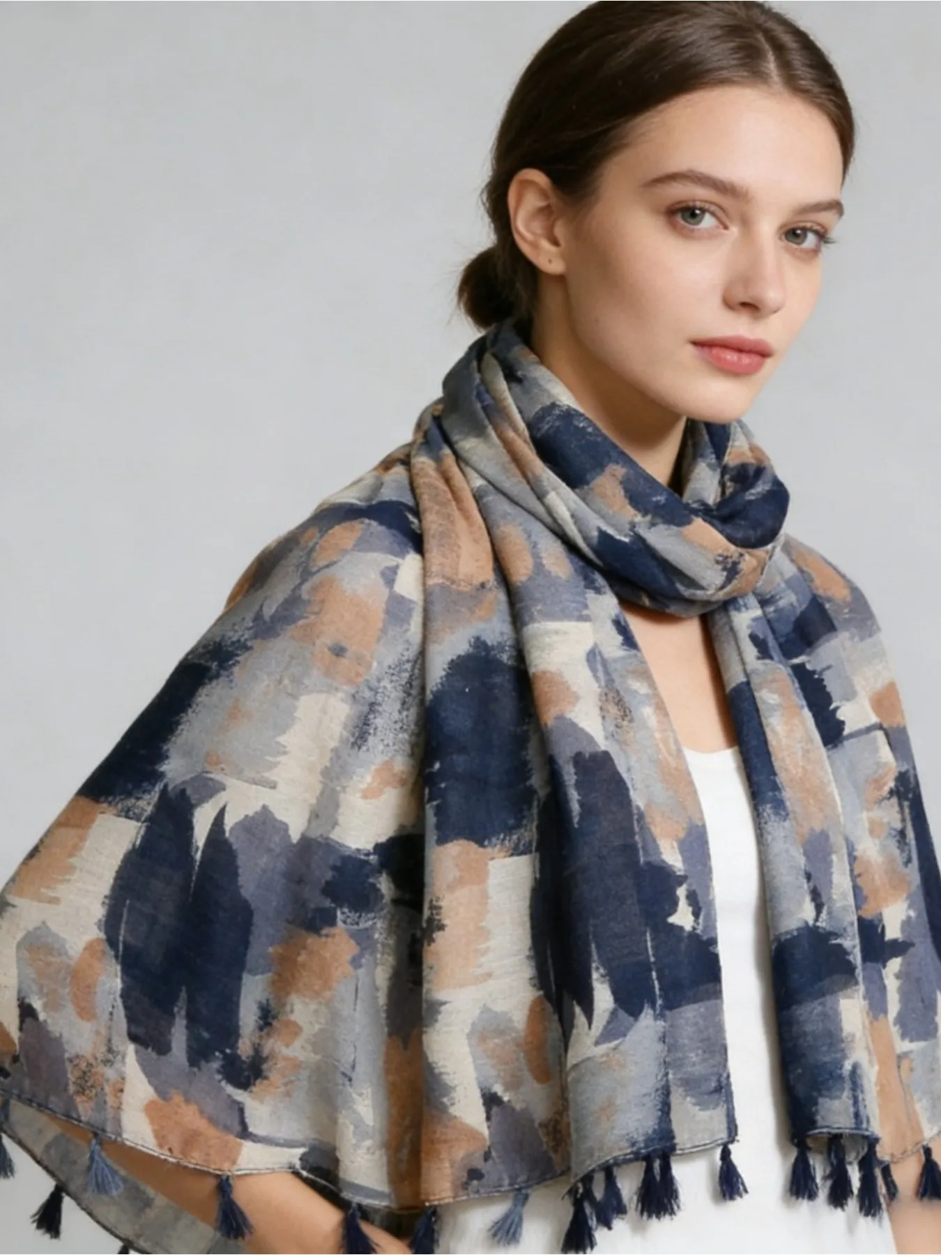 

1Pc spring and autumn retro oil painting style ink smudge camouflage printing spring and summer wear scarf literary tassel shawl