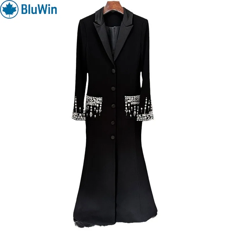 

BluWin Elegant Black Long Dress – Crystal Detailing on Pockets and Sleeves for a Chic, Glamorous Look