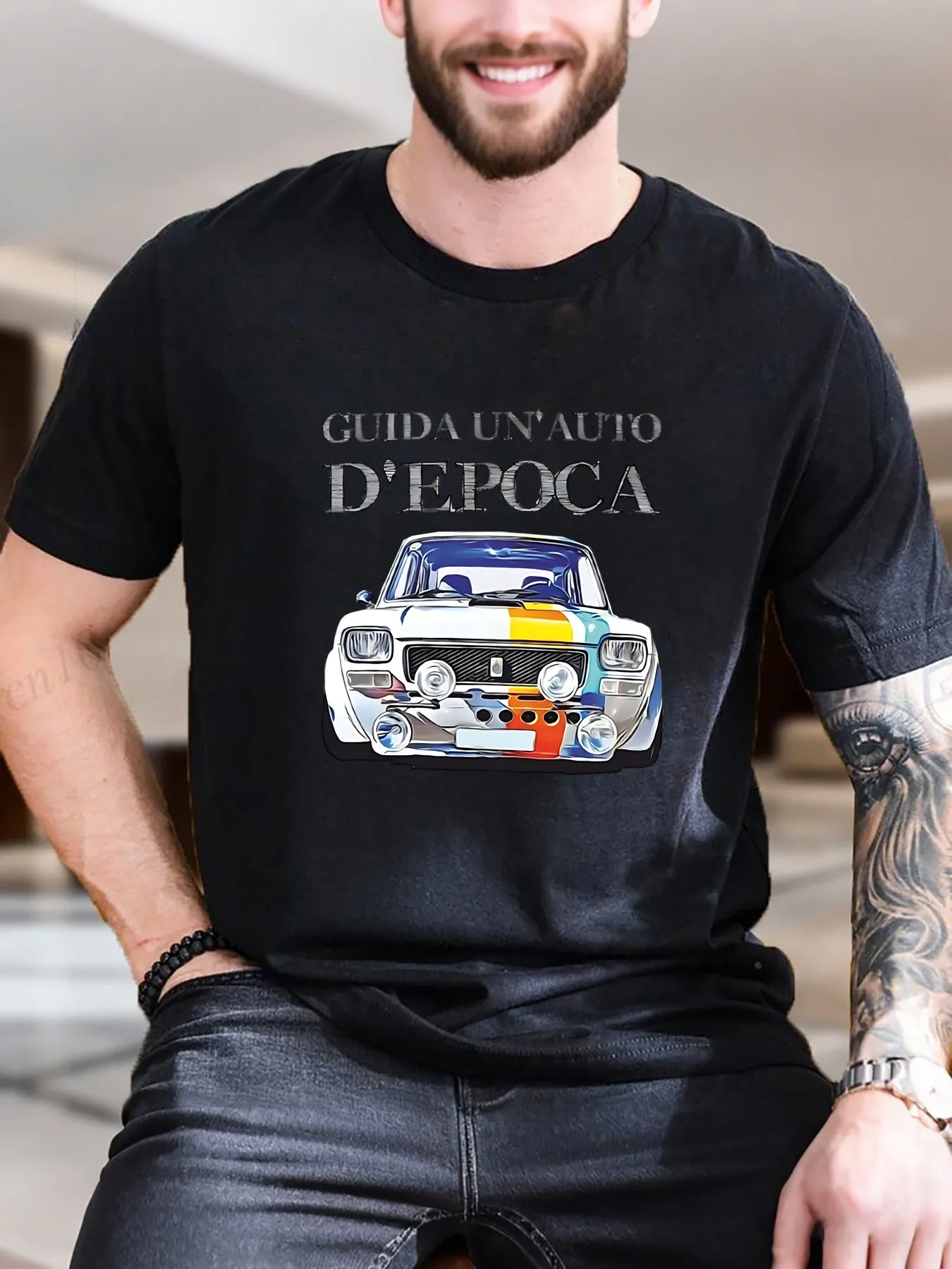 

New Arrival Fashion Men's Stripe Car Print Pure Cotton T-Shirt Breathable Comfortable Casual Tee Trendy Streetwear Summer