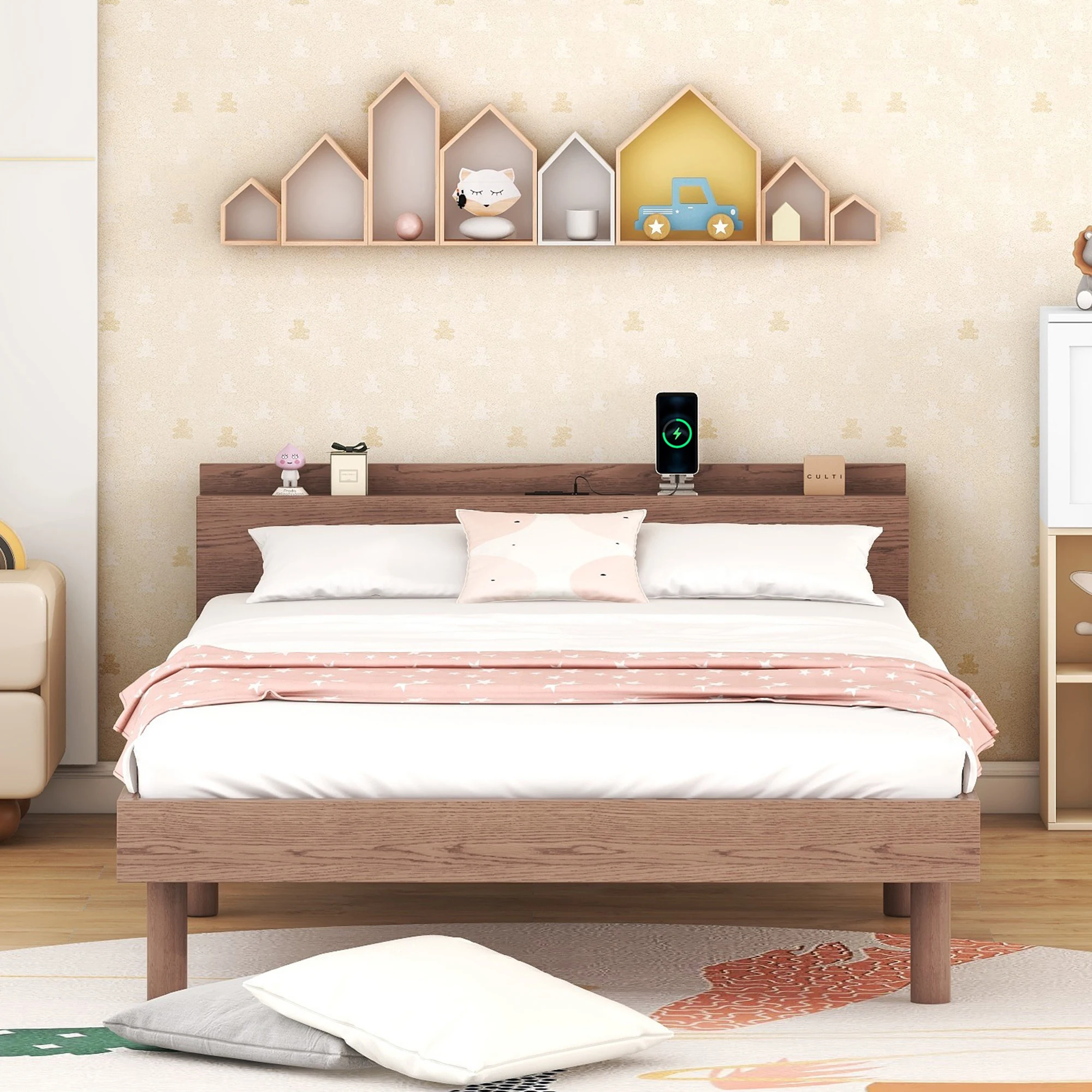 

Modern Design Twin Size Platform Bed Frame with Built-in USB Port, Walnut 80.80x41.10x23.20 in.