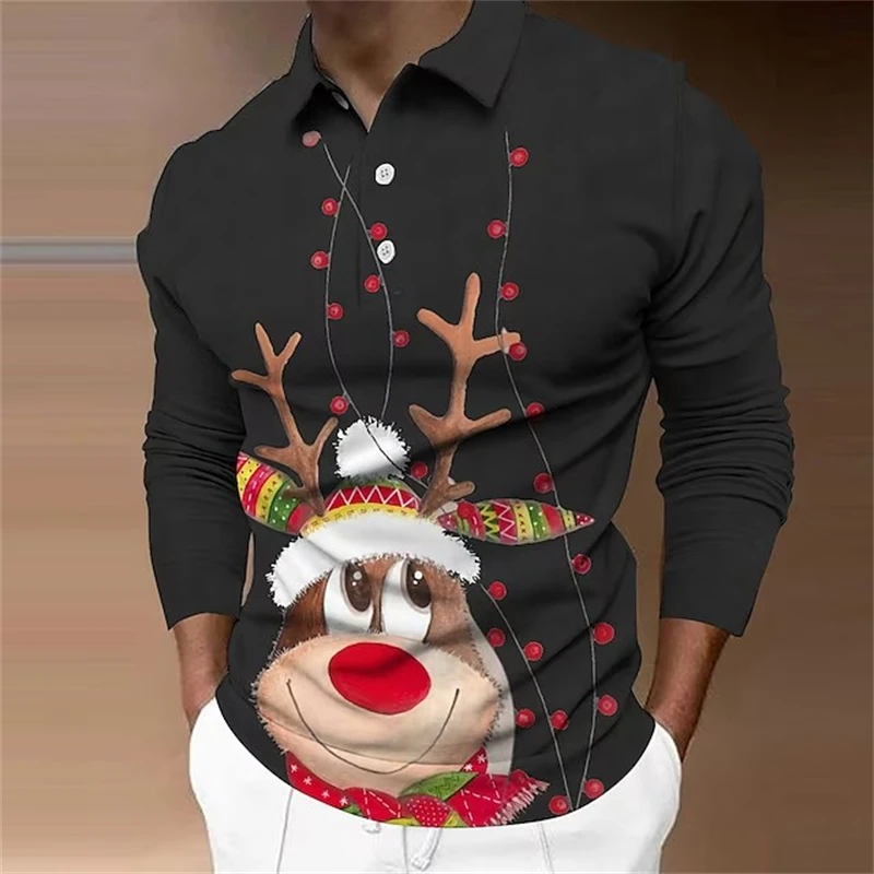 Cute Christmas Festival 3D Graphic Long Sleeve Polo Shirt For Mens Clothes Fresh Casual Fashion Male Lapel Shirts Comfy Tops