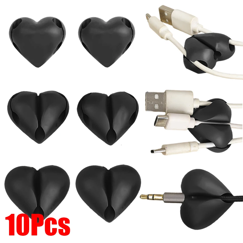 3holes Heart Shaped Desktop Silicone Cable Winder Organizer Holder Cord Management Clips for Mouse Earphone Date Cable