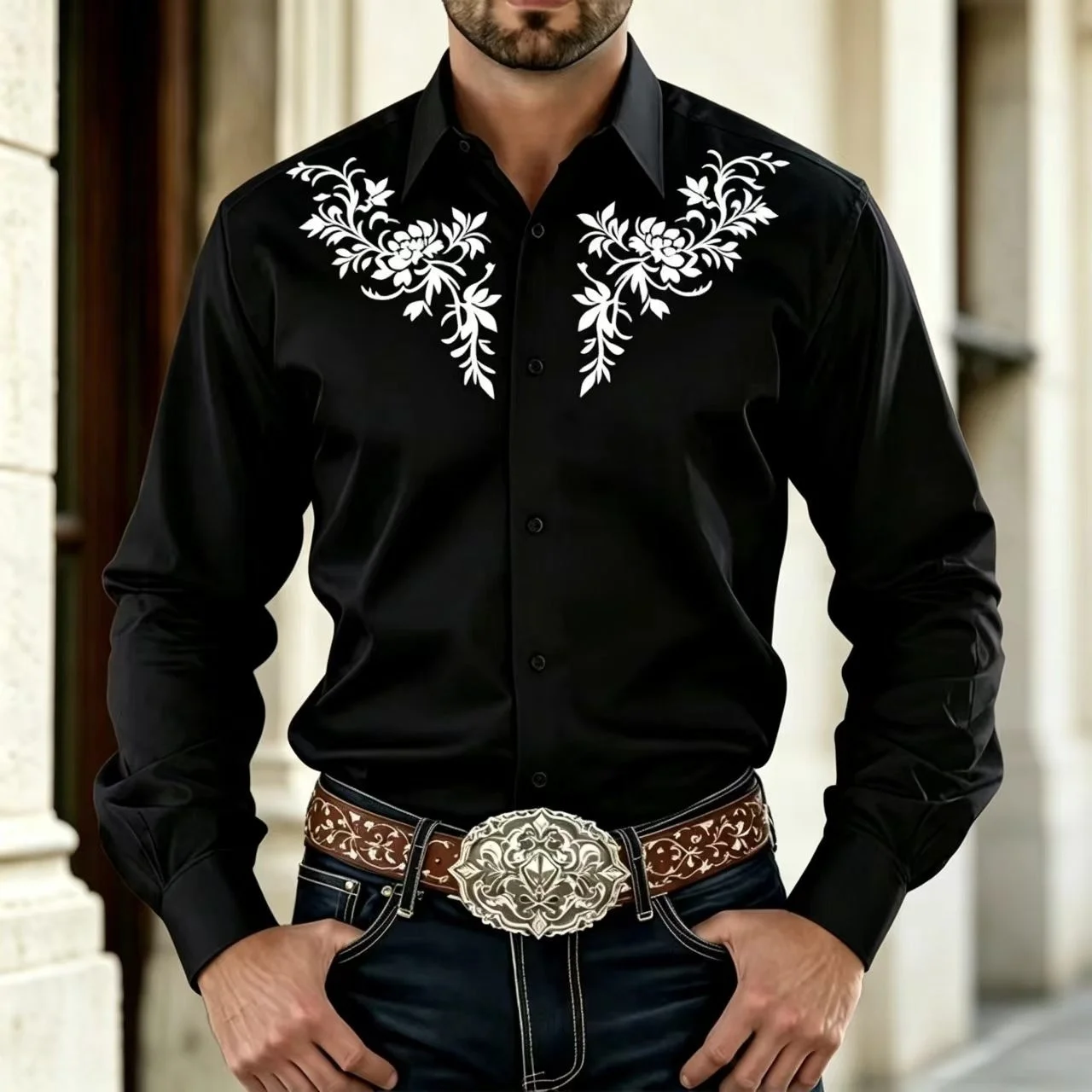 Men's Western Style Denim Printed Long Sleeved Shirt  2027 New Collection  Comfortable  Casual And Fashionable