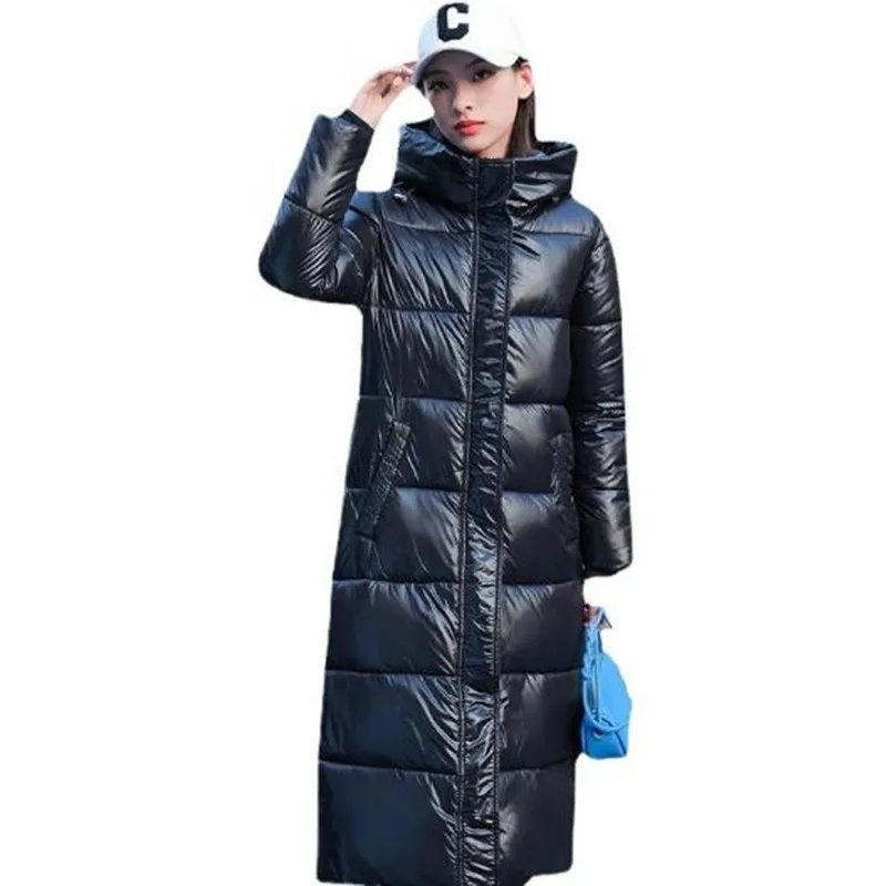 Black Glossy Parka Coat Women's 2025 Fashion Thicken Winter Hooded Loose Long Jacket Female Windproof Rainproof Warm Outwear