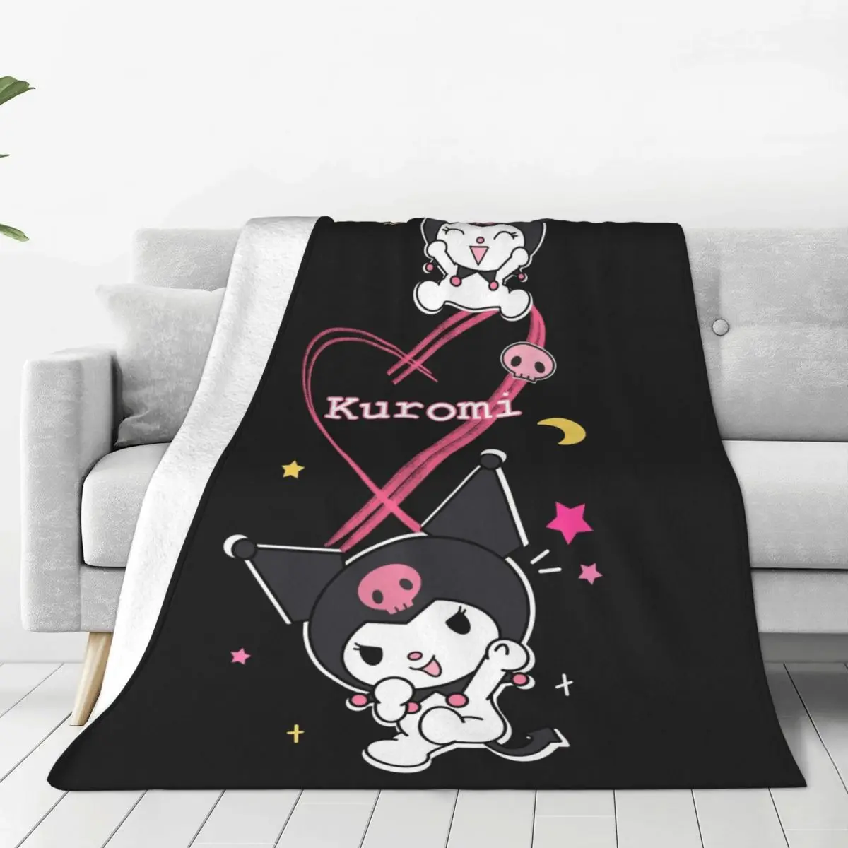 

Custom Kuromi Cartoon Blanket Warm Fleece Soft Flannel Throw Blankets for Bedroom Sofa Home Spring Autumn