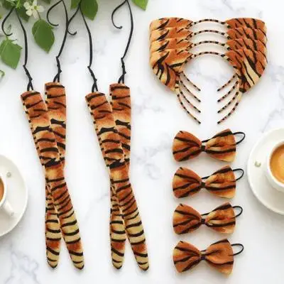 

4 комплекта обручей для волос с тигровыми ушками, галстук-бабочка, хвост, аксессуары для костюмов, косплей, карнавальный реквизит, обручи для волос с тигровыми ушками