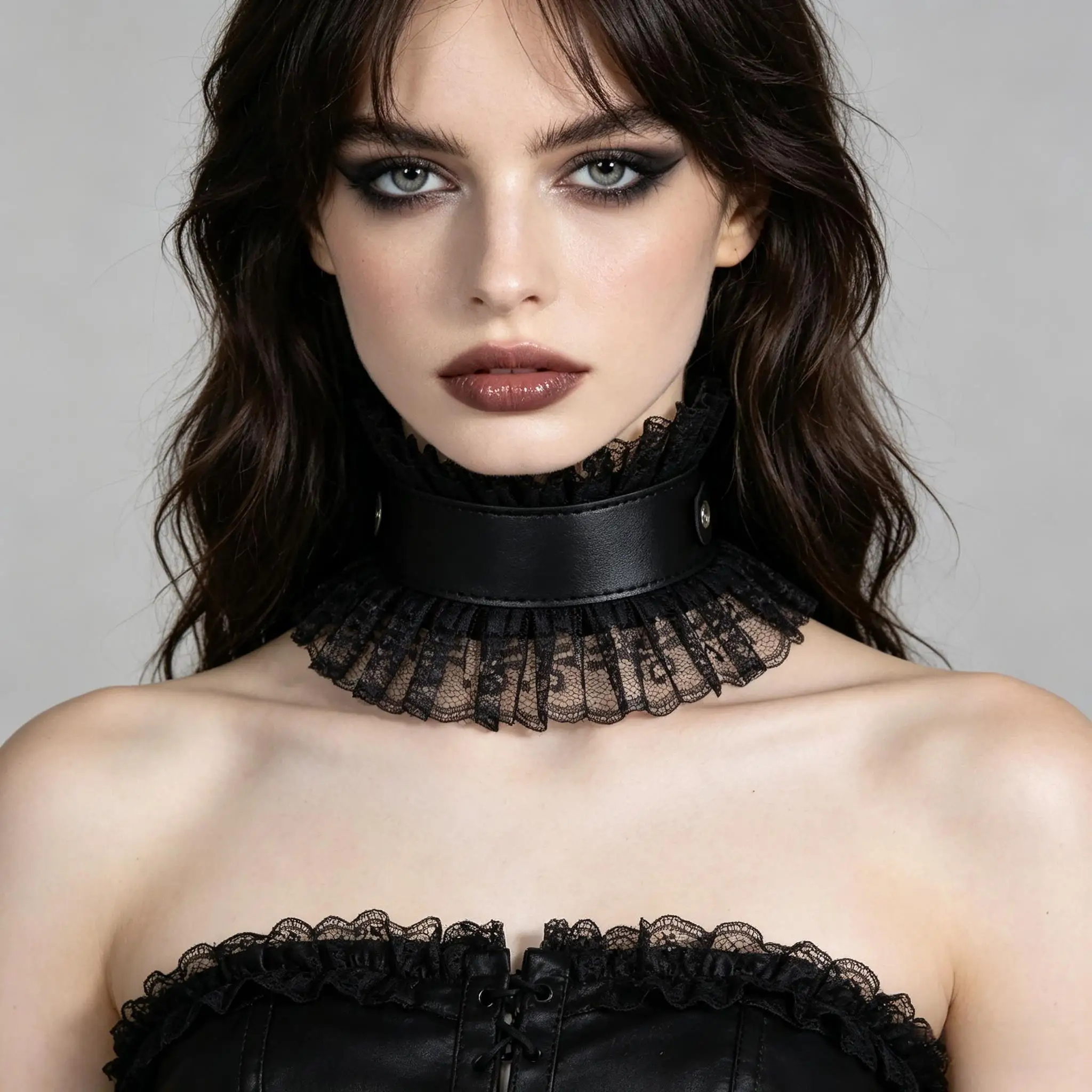 Women Vintage Fake Collar Gothic Black Faux Leather Ruffled Floral Lace Choker Necklace Victorian Lolita Neck Ruff view 3