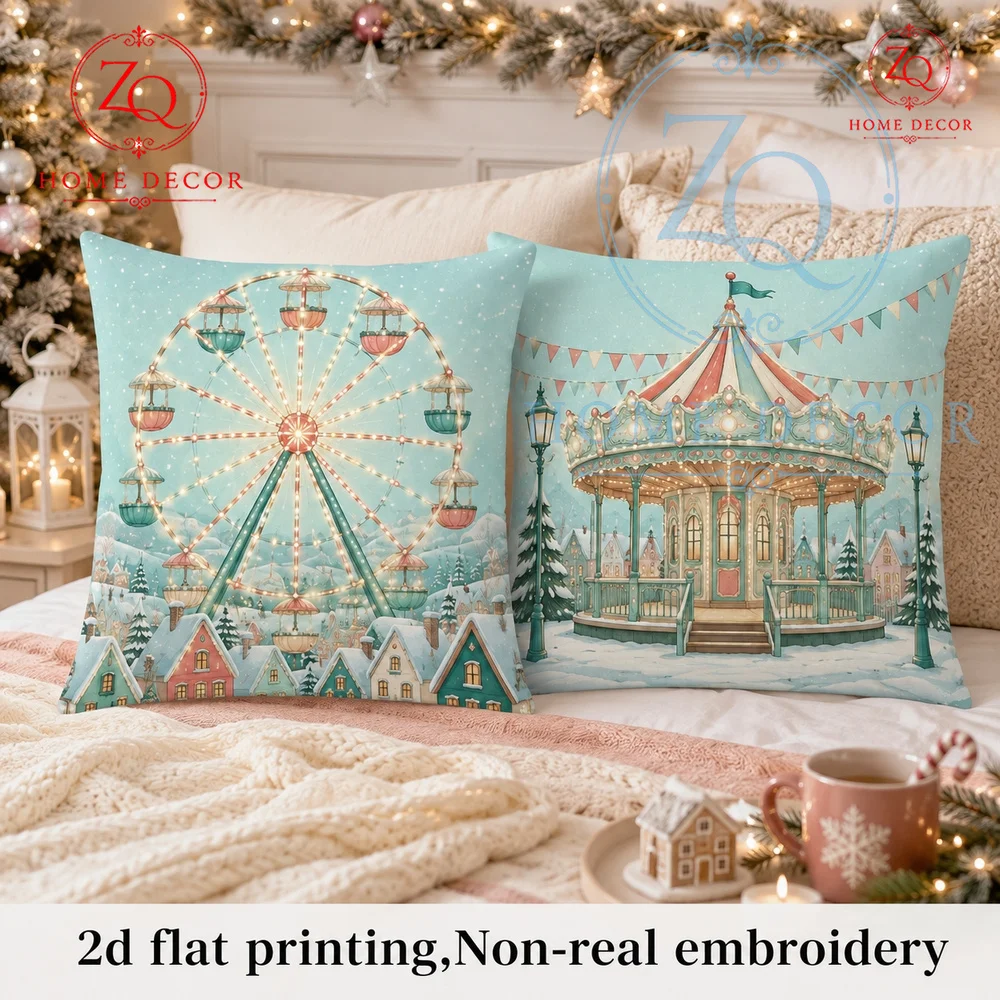 Vintage Winter Carnival Christmas Throw Pillow Cover Retro Ferris Wheel  Carousel Holiday Decorative Cushion Case Couch Bed