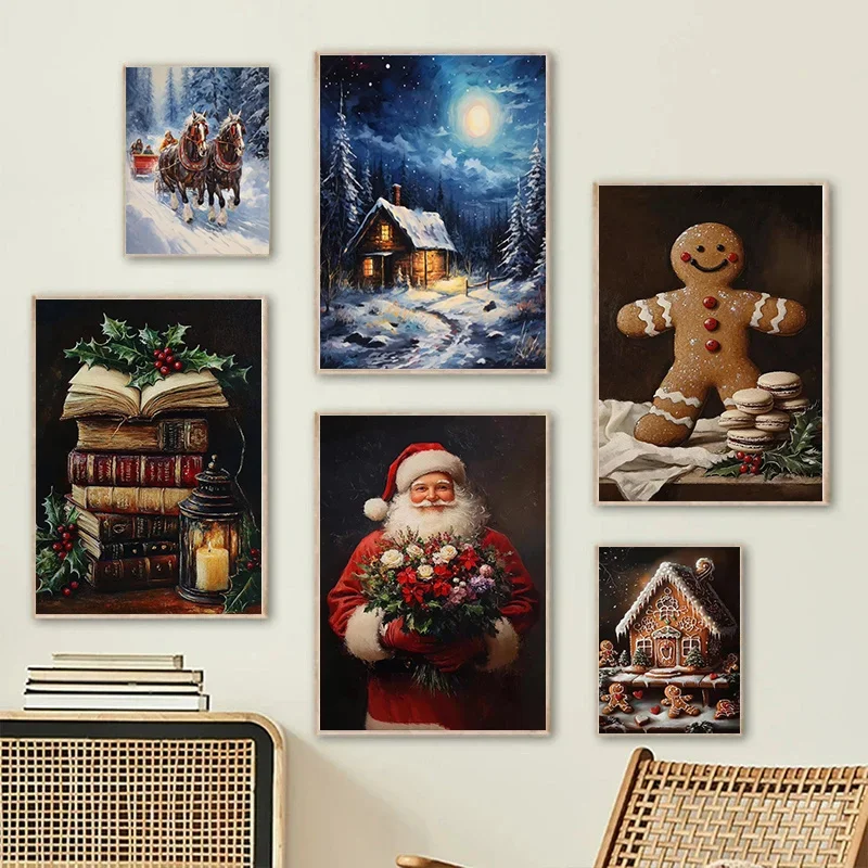Christmas Holiday Decoration Painting Canvas Wall Art Santa Claus Christmas Tree Snowman Train Biscuits Canvas Poster Home Decor