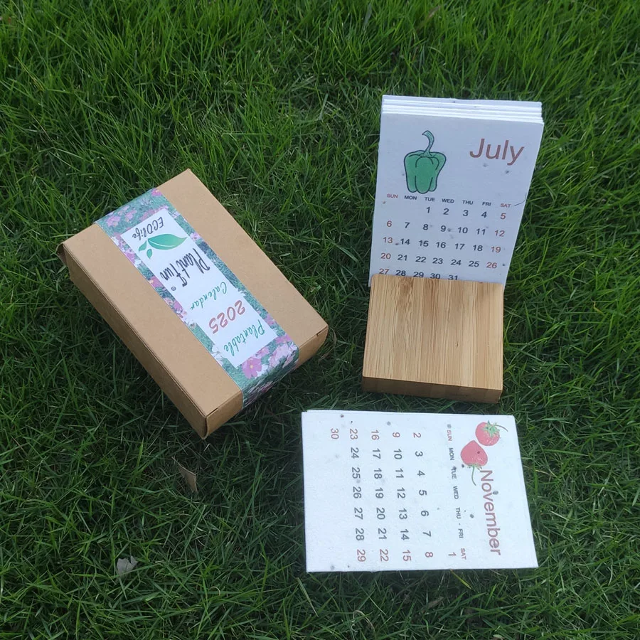 New 2025 desk calendar with bamboo holder and kraft box,customized 12sheets handmade plantable seed paper calendar