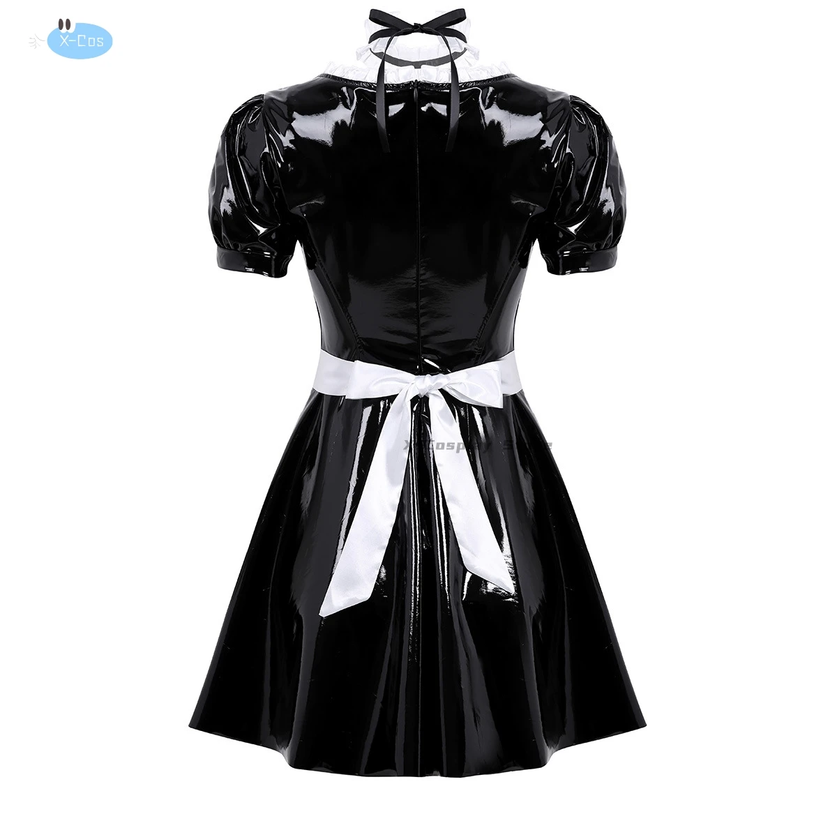 Women Glossy Patent Leather French Maid Cosplay Dress with Apron Lace Headband Ruffles Apron Puff Sleeve A-Line Latex Dress