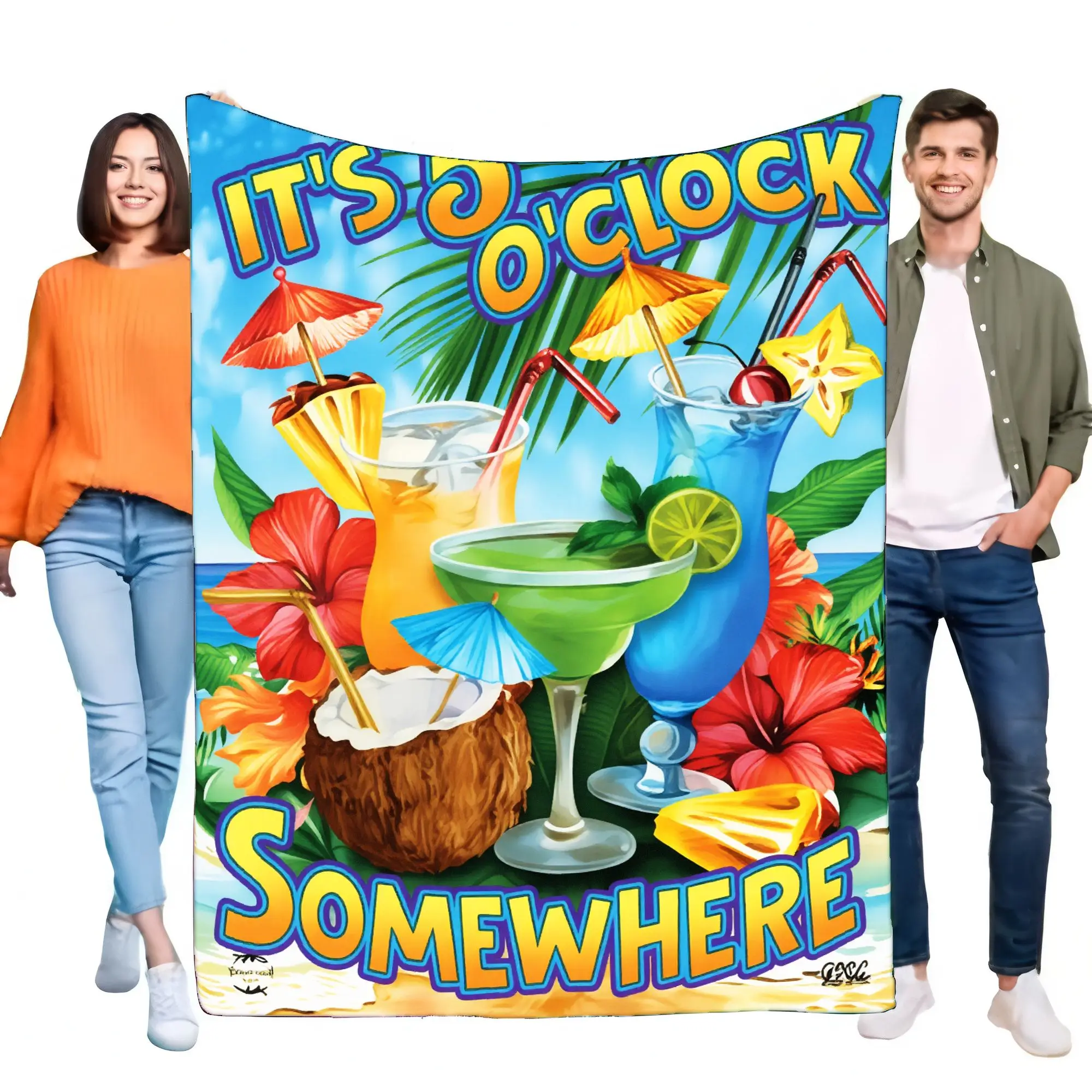 Manta tropical vibrante 'IT'S 5 en punto SOMEWHERE' con cócteles coloridos, flores de hibisco y hojas de palma: perfecta para Bea